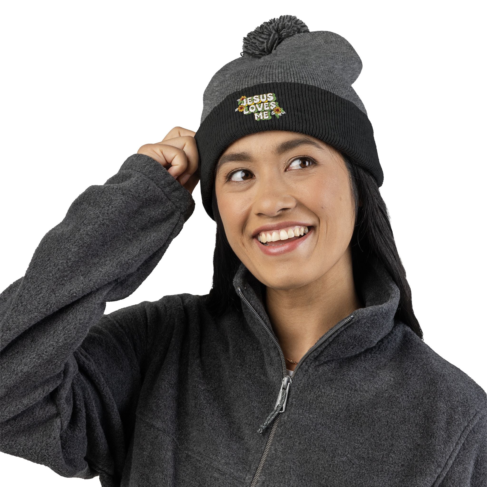 Embroidered Pom-Pom Beanie — "Jesus Loves Me" Floral Knit Cap