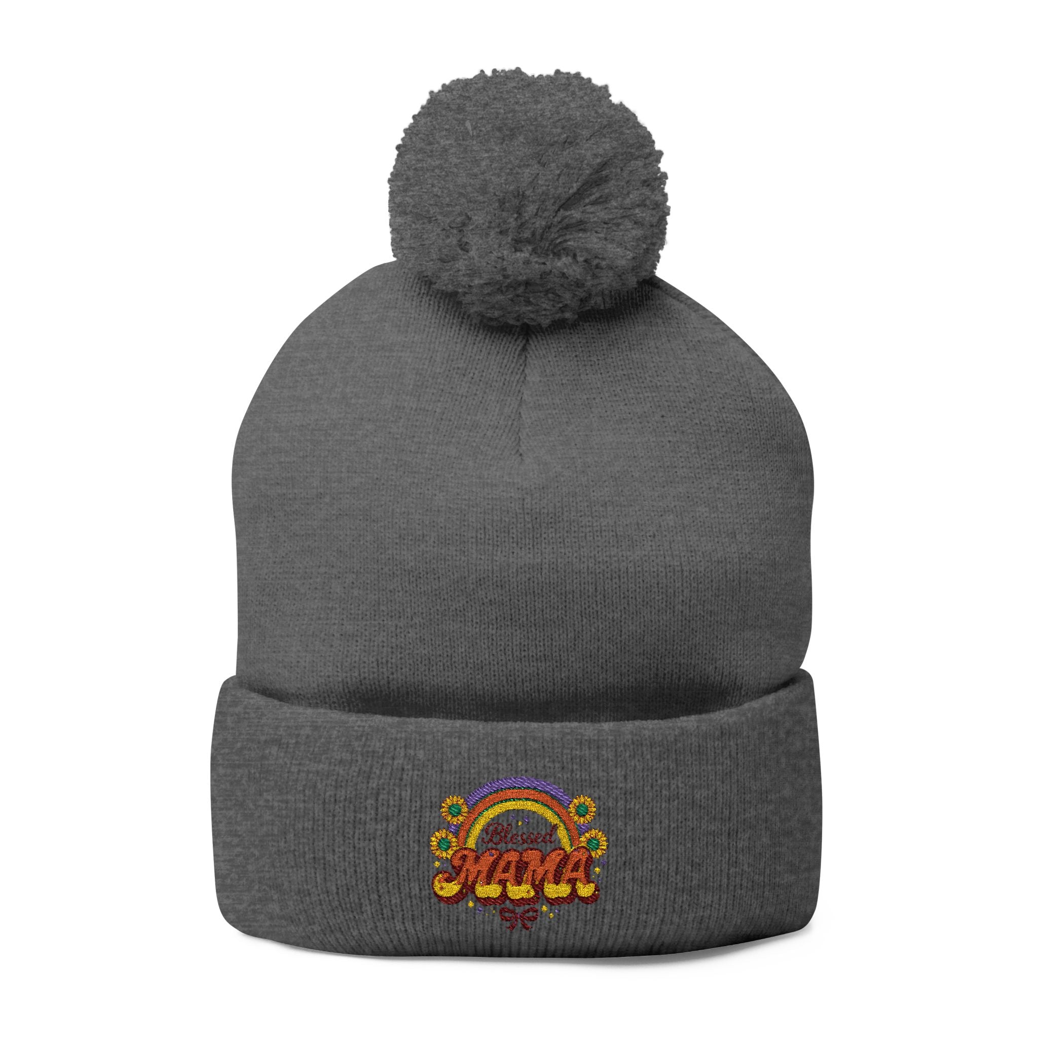 Embroidered Rainbow 'Mama' Pom-Pom Knit Cap — Cozy Winter Beanie