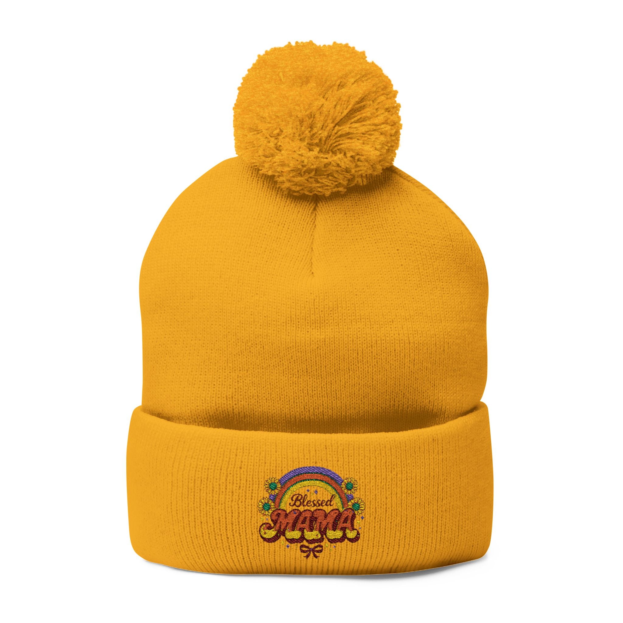 Embroidered Rainbow 'Mama' Pom-Pom Knit Cap — Cozy Winter Beanie