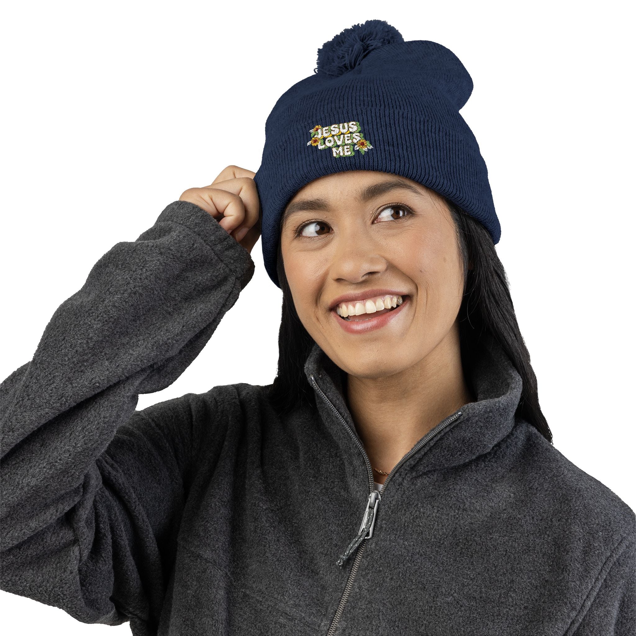 Embroidered Pom-Pom Beanie — "Jesus Loves Me" Floral Knit Cap
