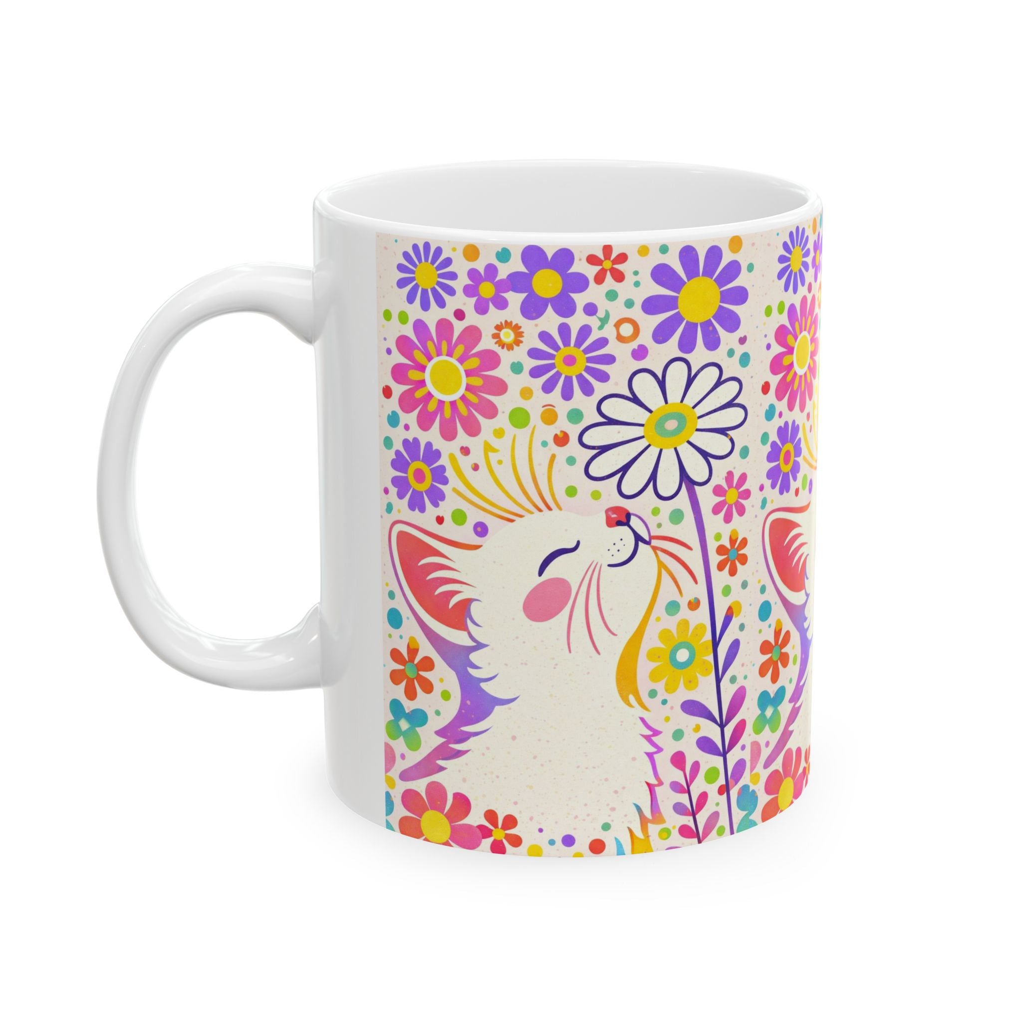 Floral Cat Ceramic Mug — Colorful Kitty & Flowers 11oz/15oz
