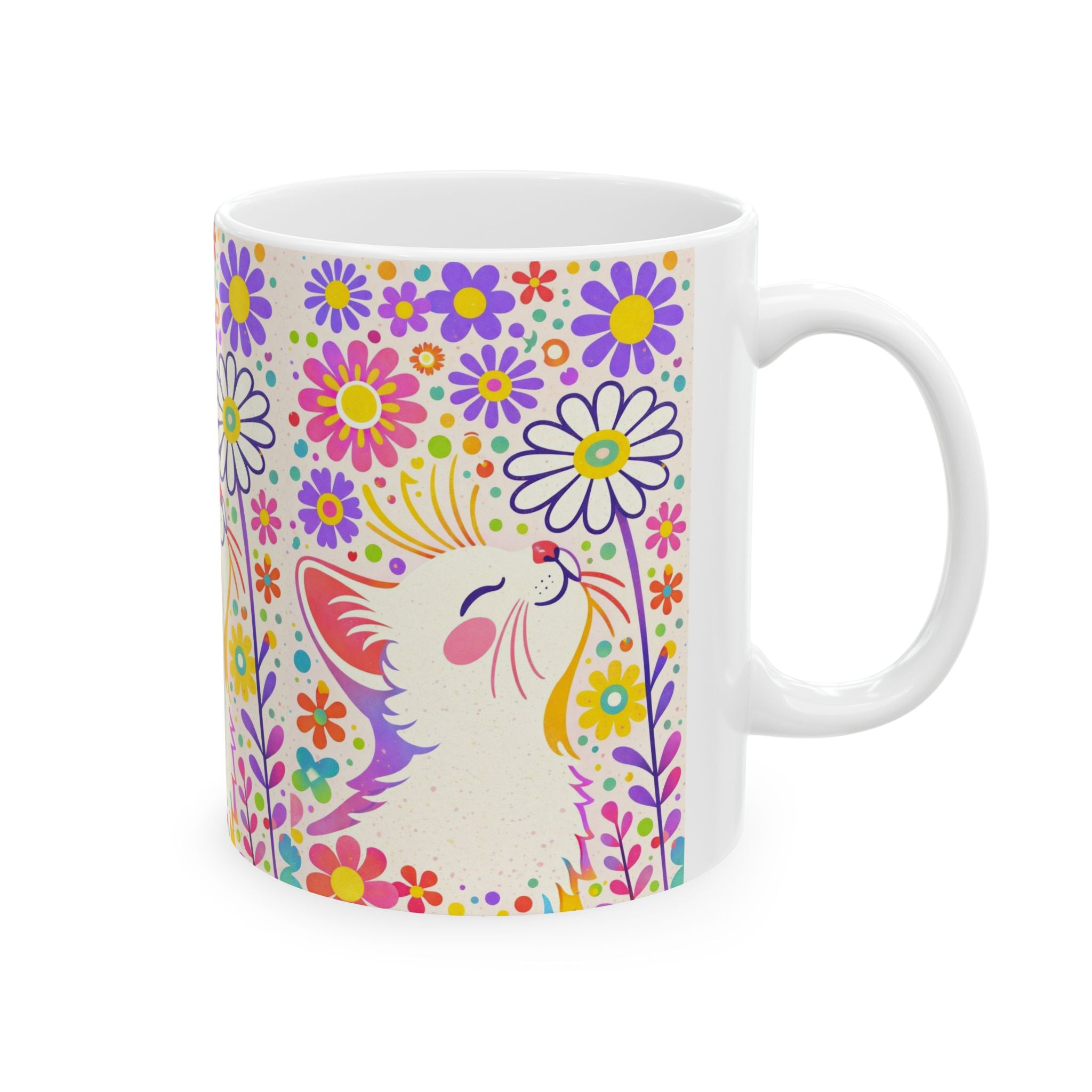 Floral Cat Ceramic Mug — Colorful Kitty & Flowers 11oz/15oz
