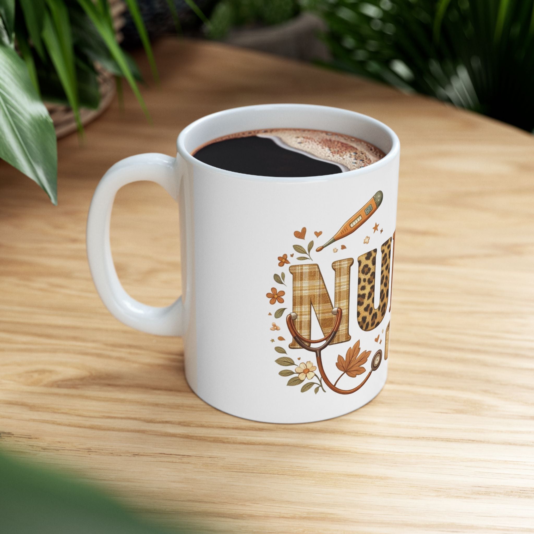 Nurse Ceramic Mug — Rustic Brown Medical Icons & Leopard Print Coffee Cup (11oz/15oz)