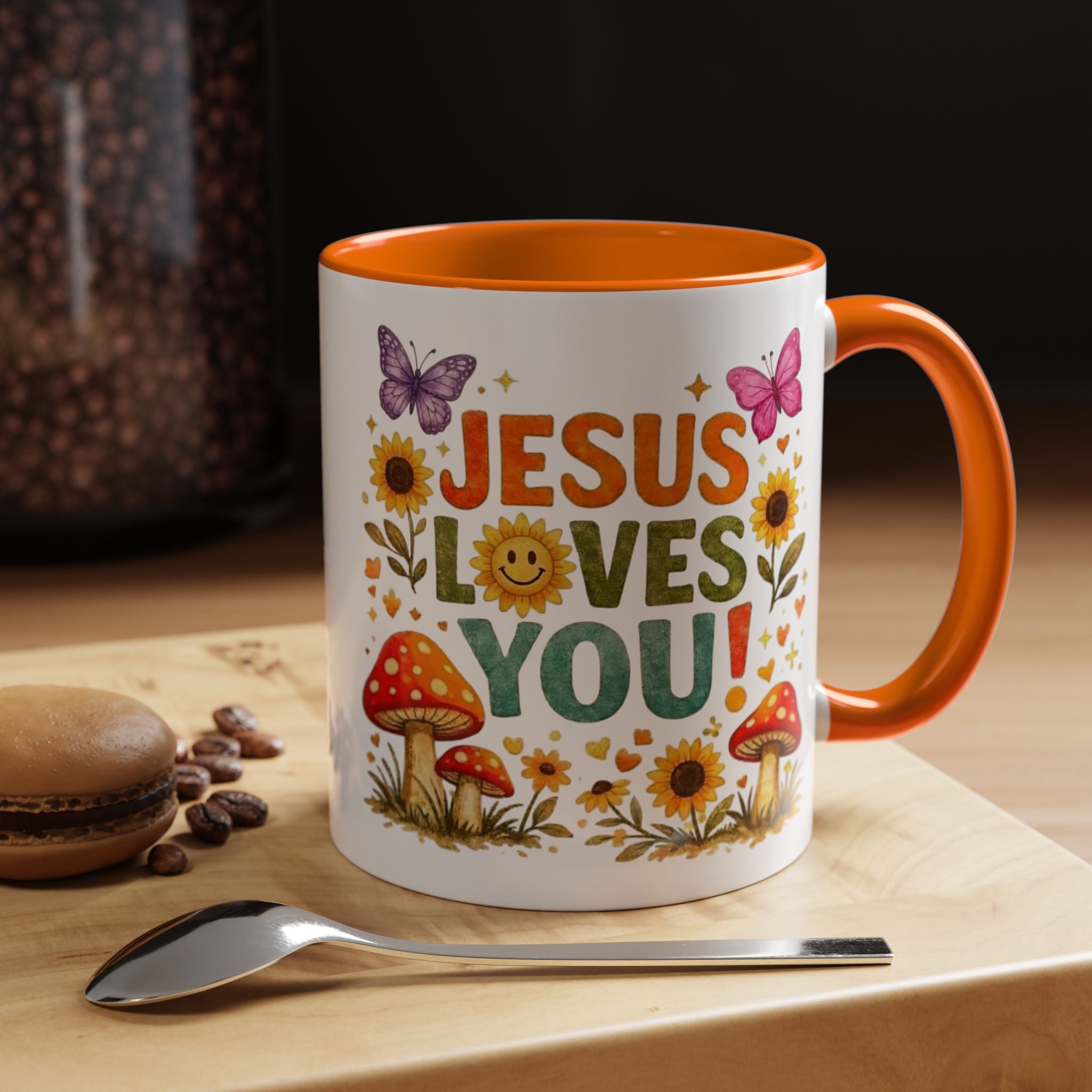 Jesus Loves You Coffee Mug — Floral Sunflower & Mushroom Accent Mug