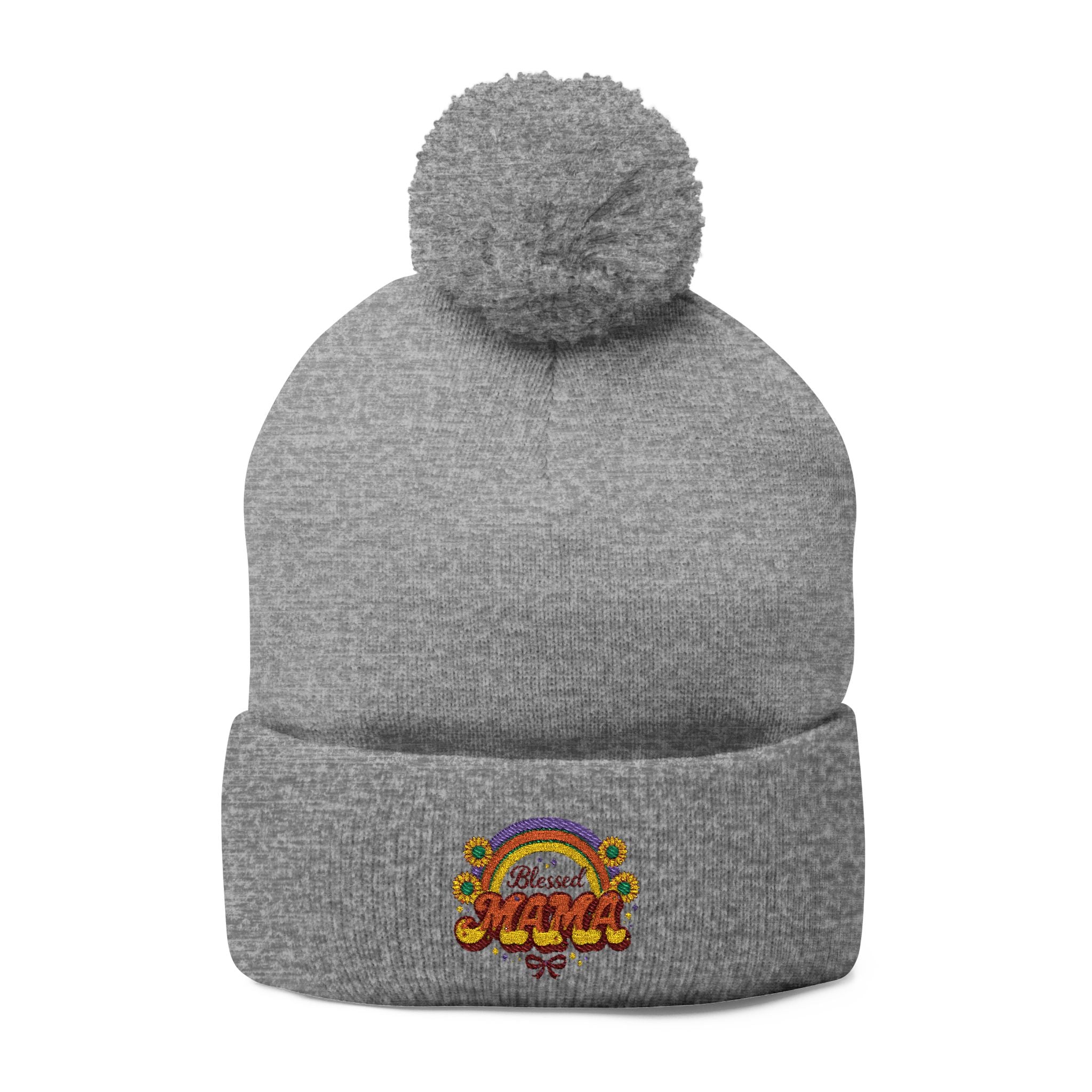 Embroidered Rainbow 'Mama' Pom-Pom Knit Cap — Cozy Winter Beanie