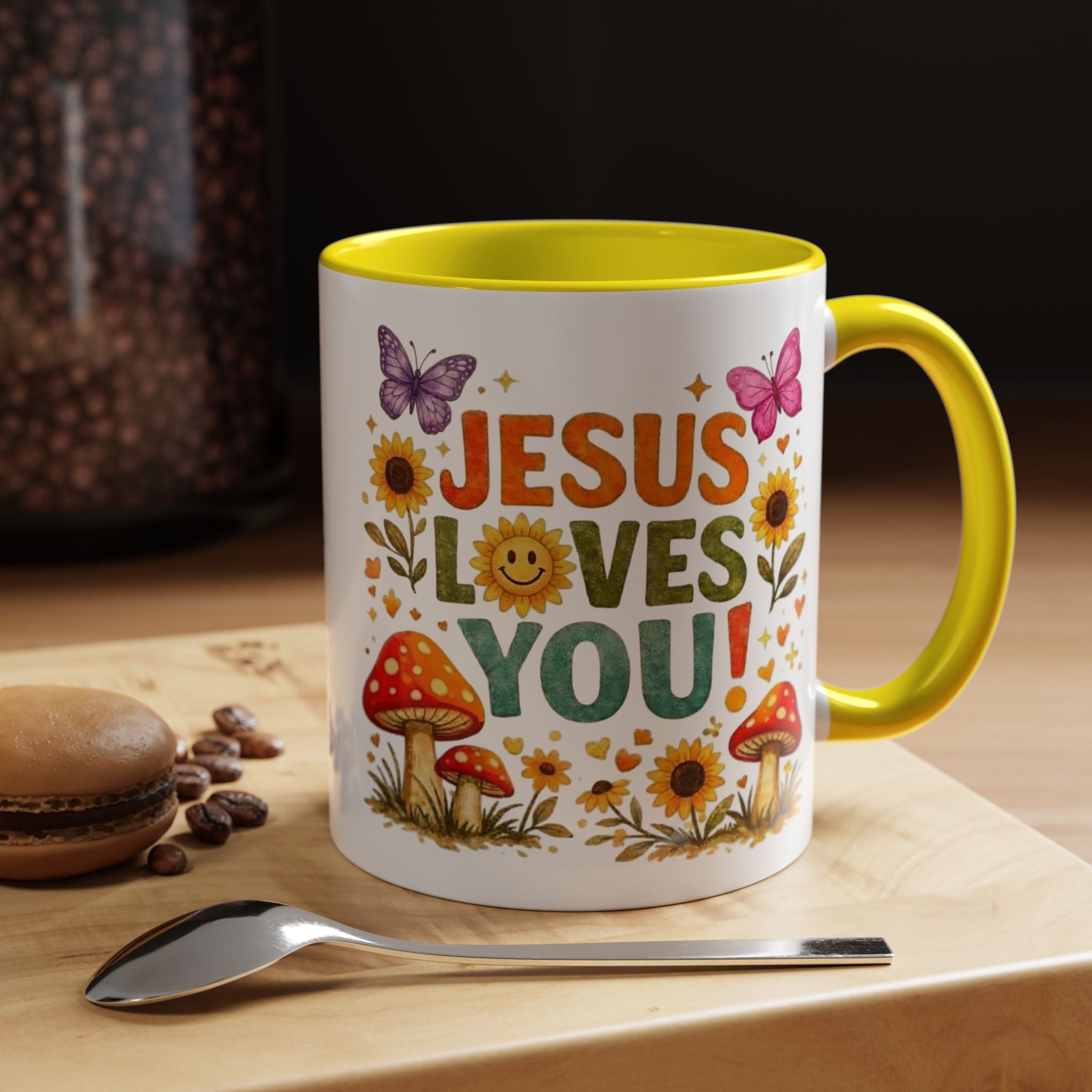 Jesus Loves You Coffee Mug — Floral Sunflower & Mushroom Accent Mug