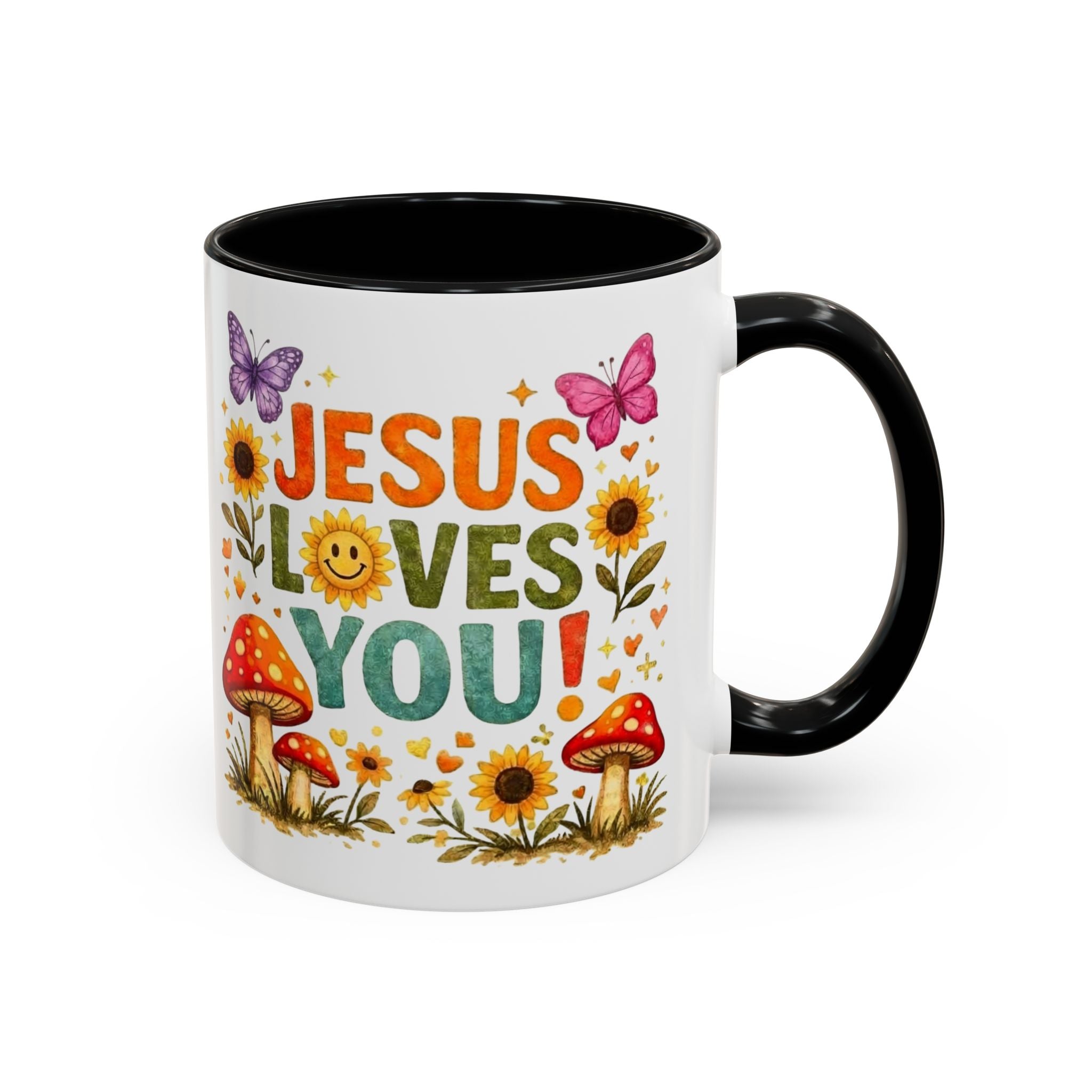 Jesus Loves You Coffee Mug — Floral Sunflower & Mushroom Accent Mug