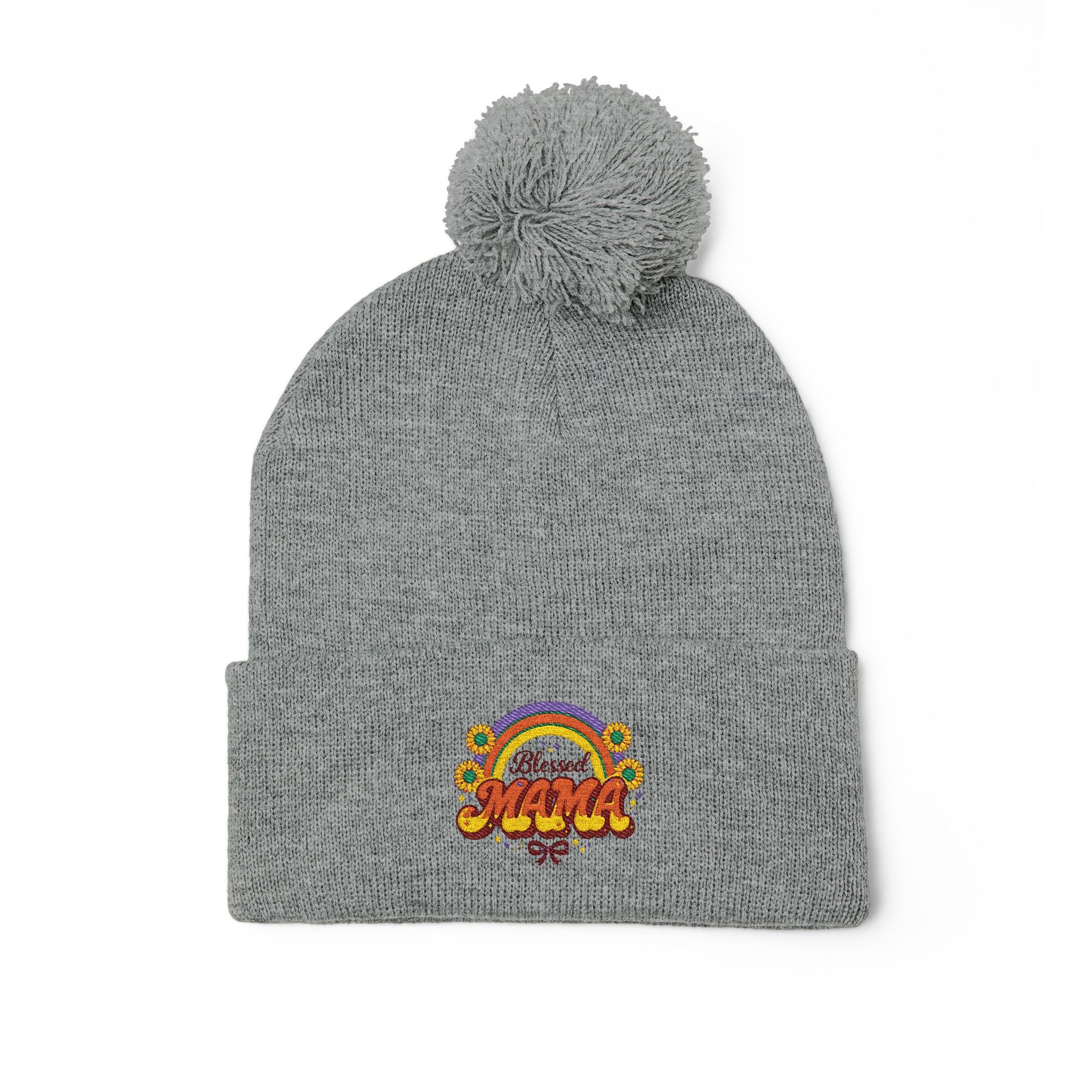 Embroidered Rainbow 'Mama' Pom-Pom Knit Cap — Cozy Winter Beanie