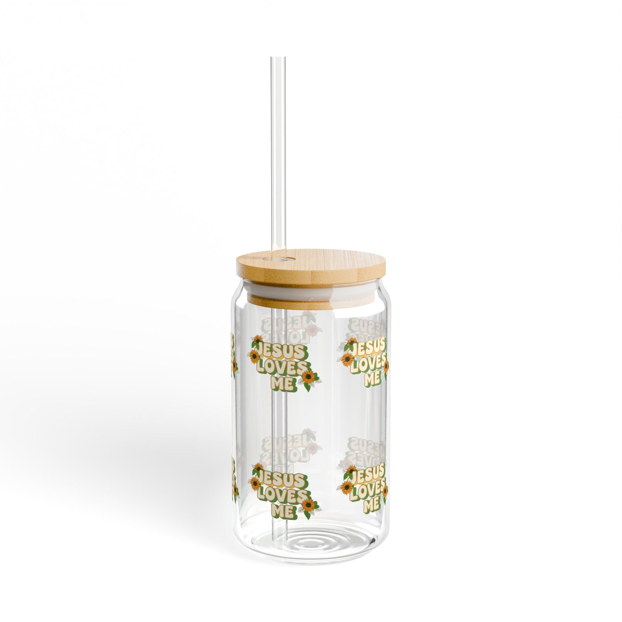 Jesus Loves Me Floral Glass Can Tumbler – 16oz Straw & Bamboo Lid