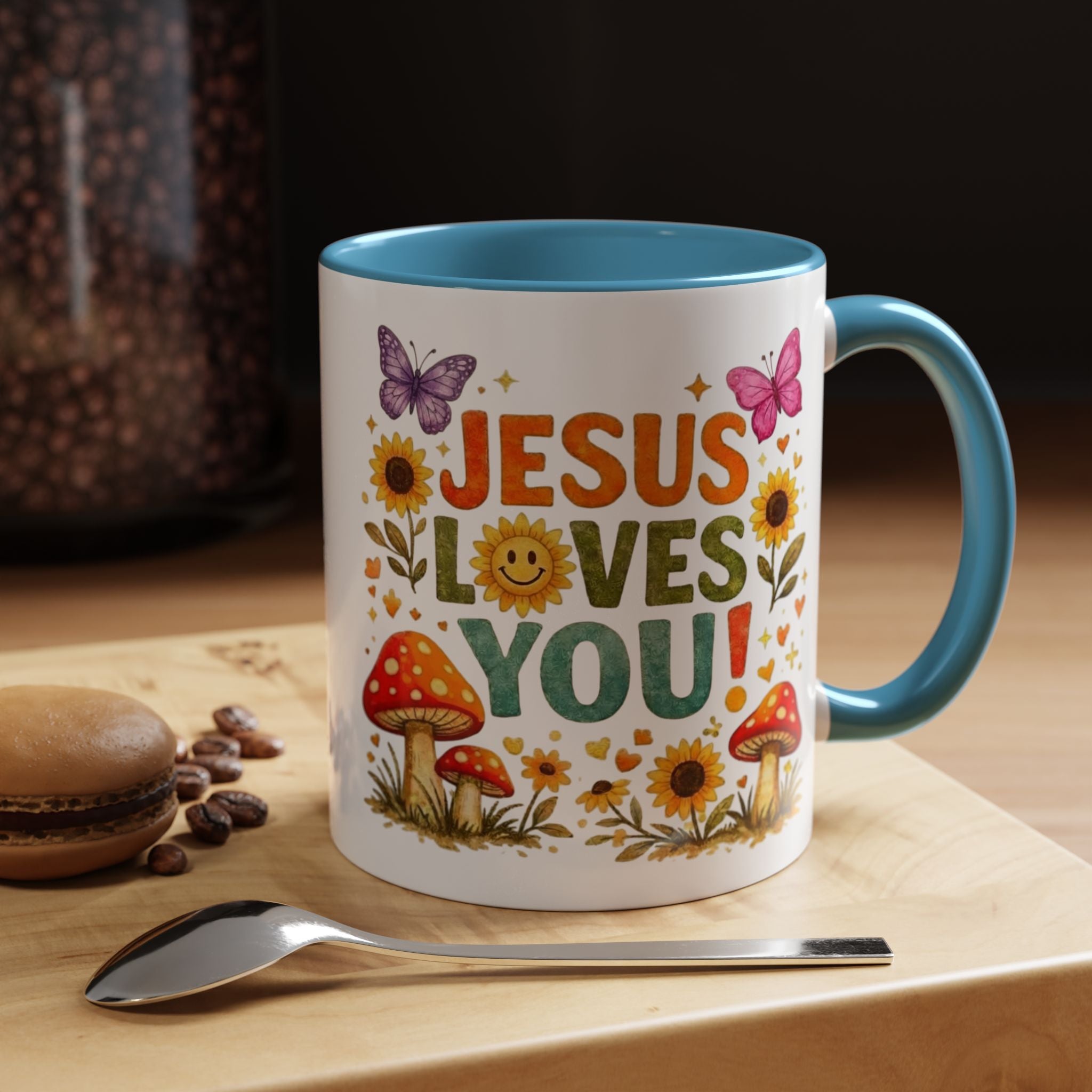 Jesus Loves You Coffee Mug — Floral Sunflower & Mushroom Accent Mug
