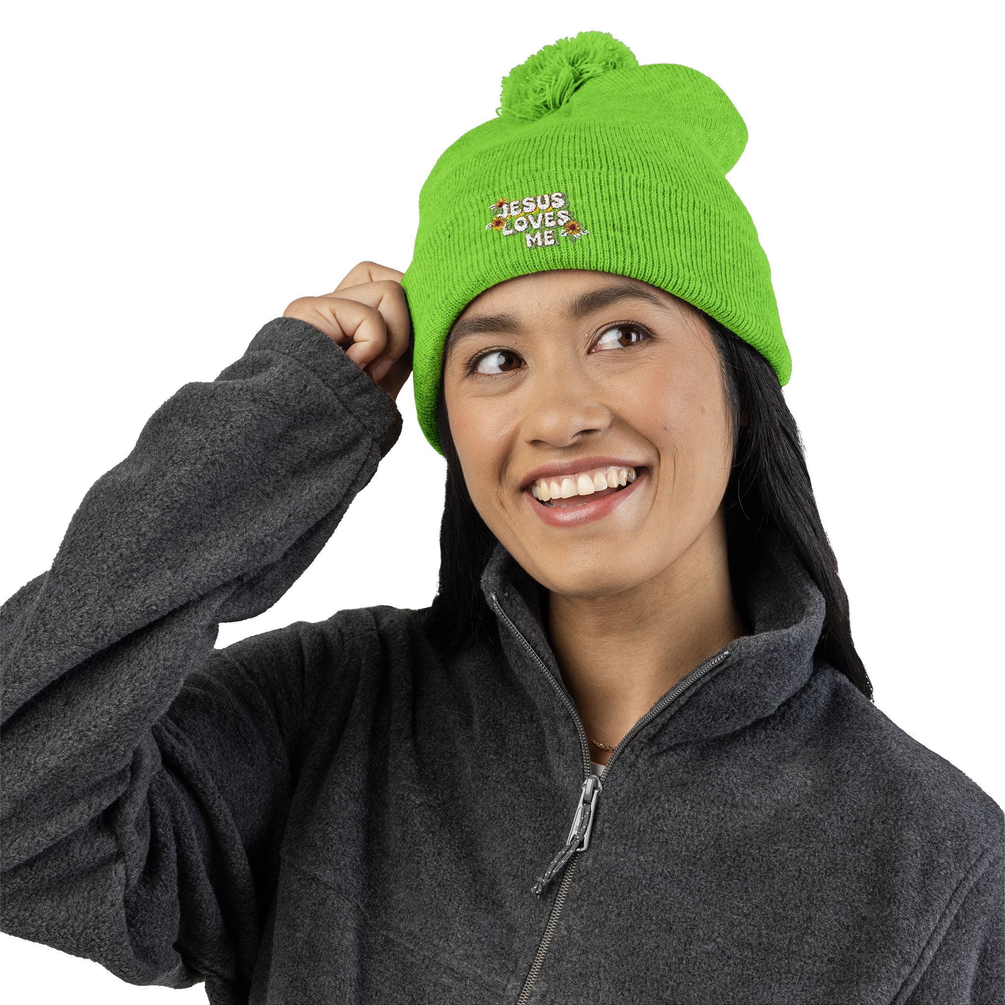Embroidered Pom-Pom Beanie — "Jesus Loves Me" Floral Knit Cap