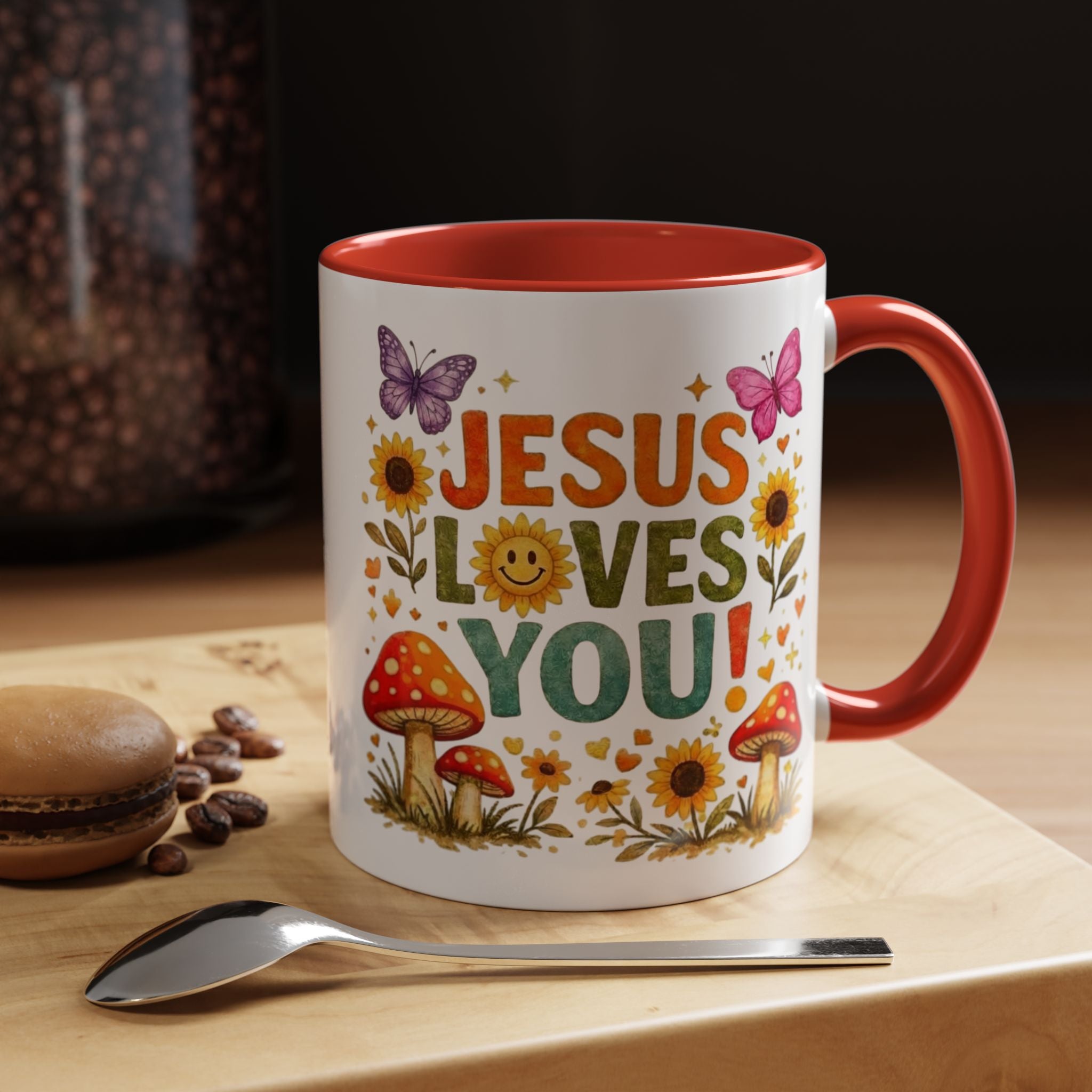 Jesus Loves You Coffee Mug — Floral Sunflower & Mushroom Accent Mug
