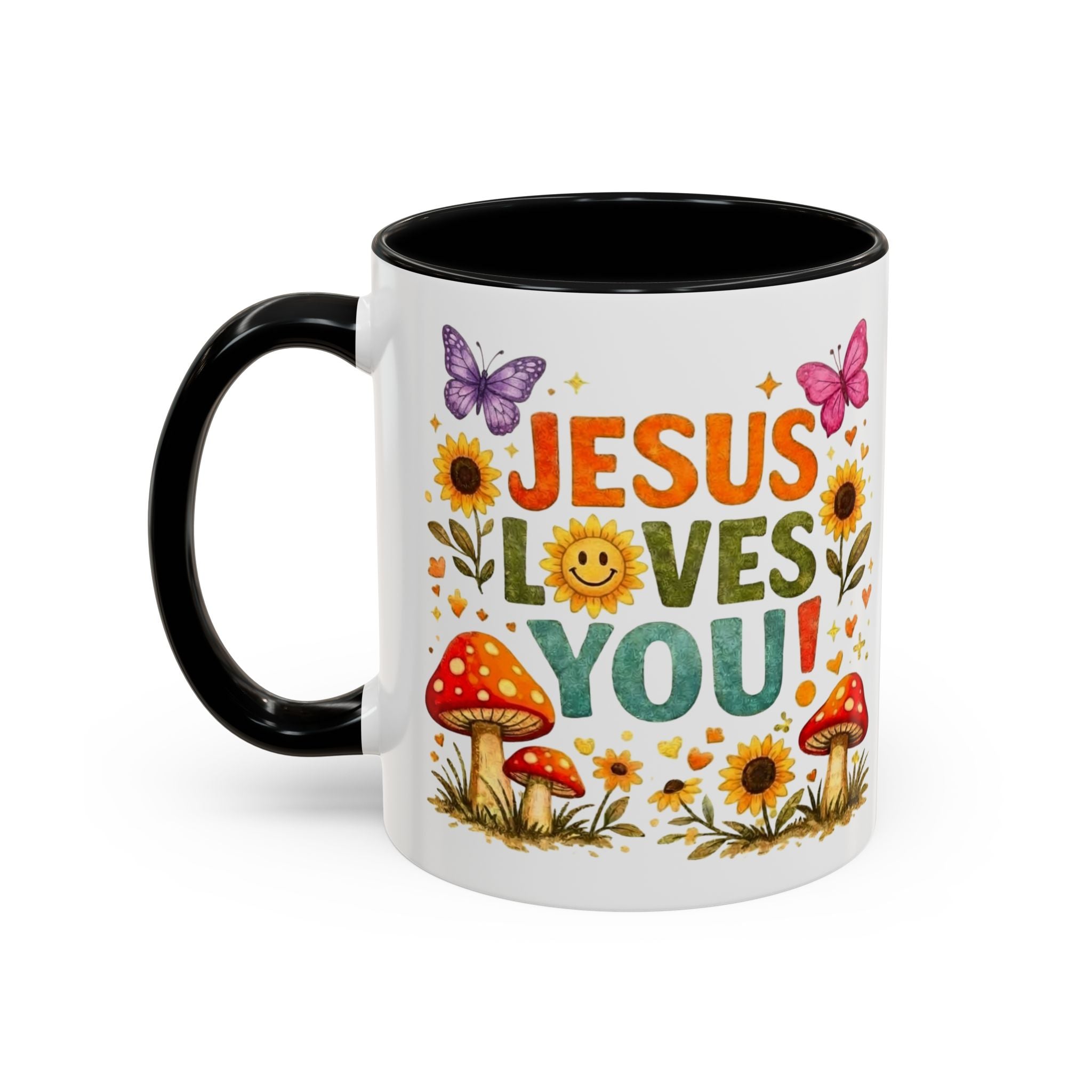 Jesus Loves You Coffee Mug — Floral Sunflower & Mushroom Accent Mug