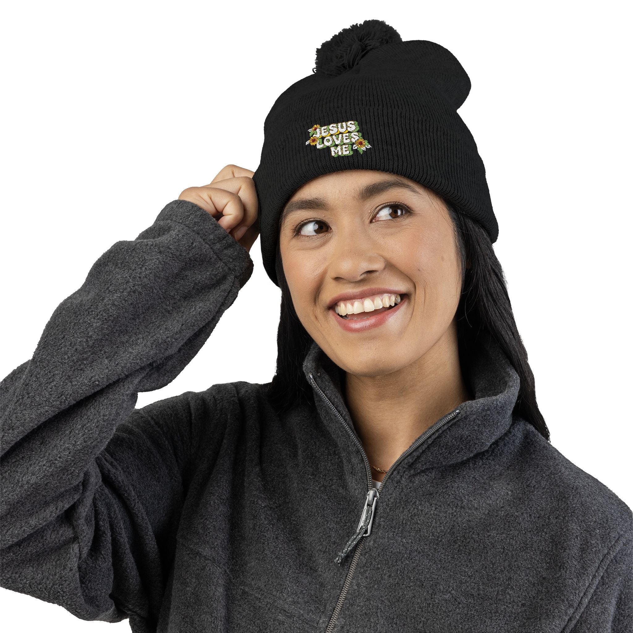Embroidered Pom-Pom Beanie — "Jesus Loves Me" Floral Knit Cap