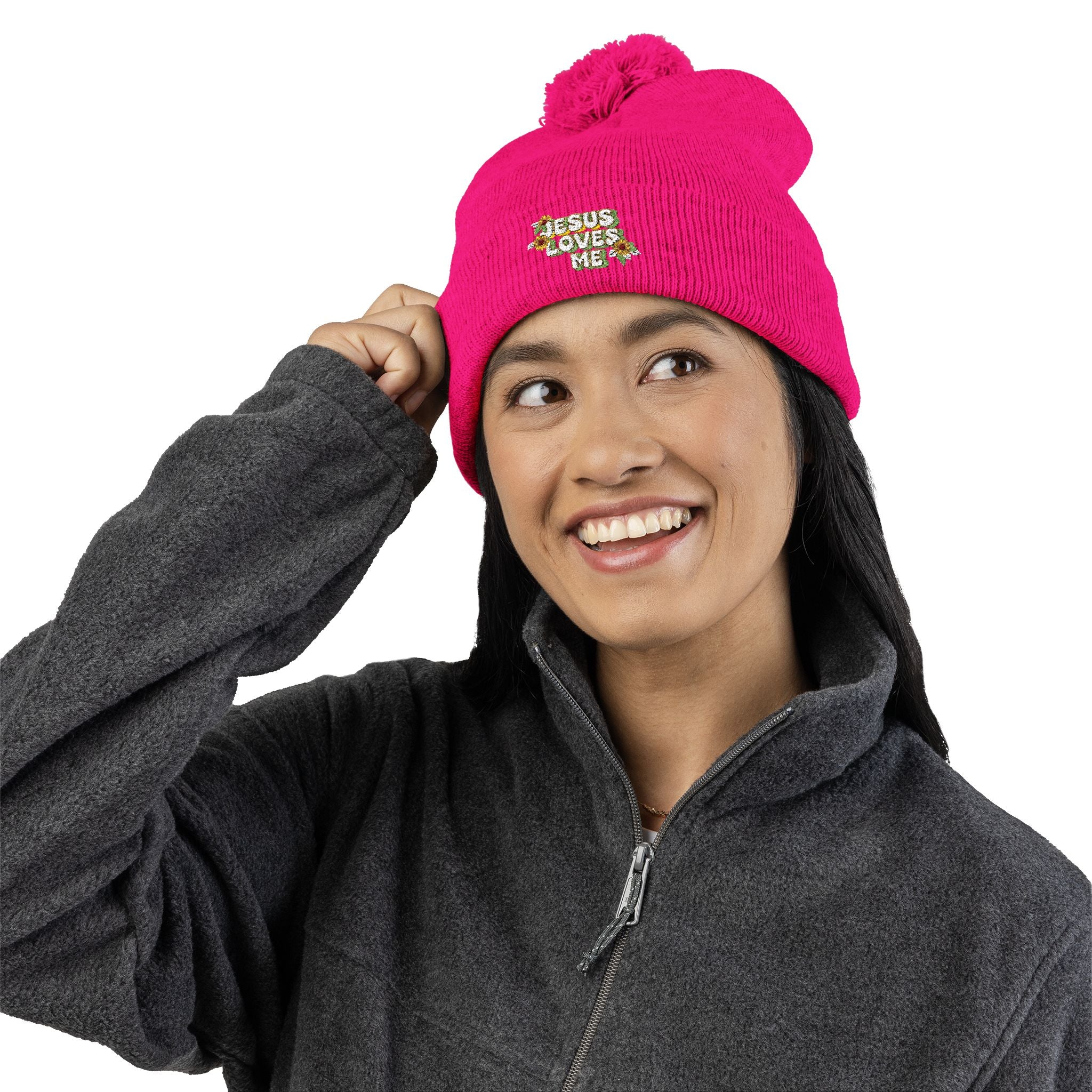 Embroidered Pom-Pom Beanie — "Jesus Loves Me" Floral Knit Cap
