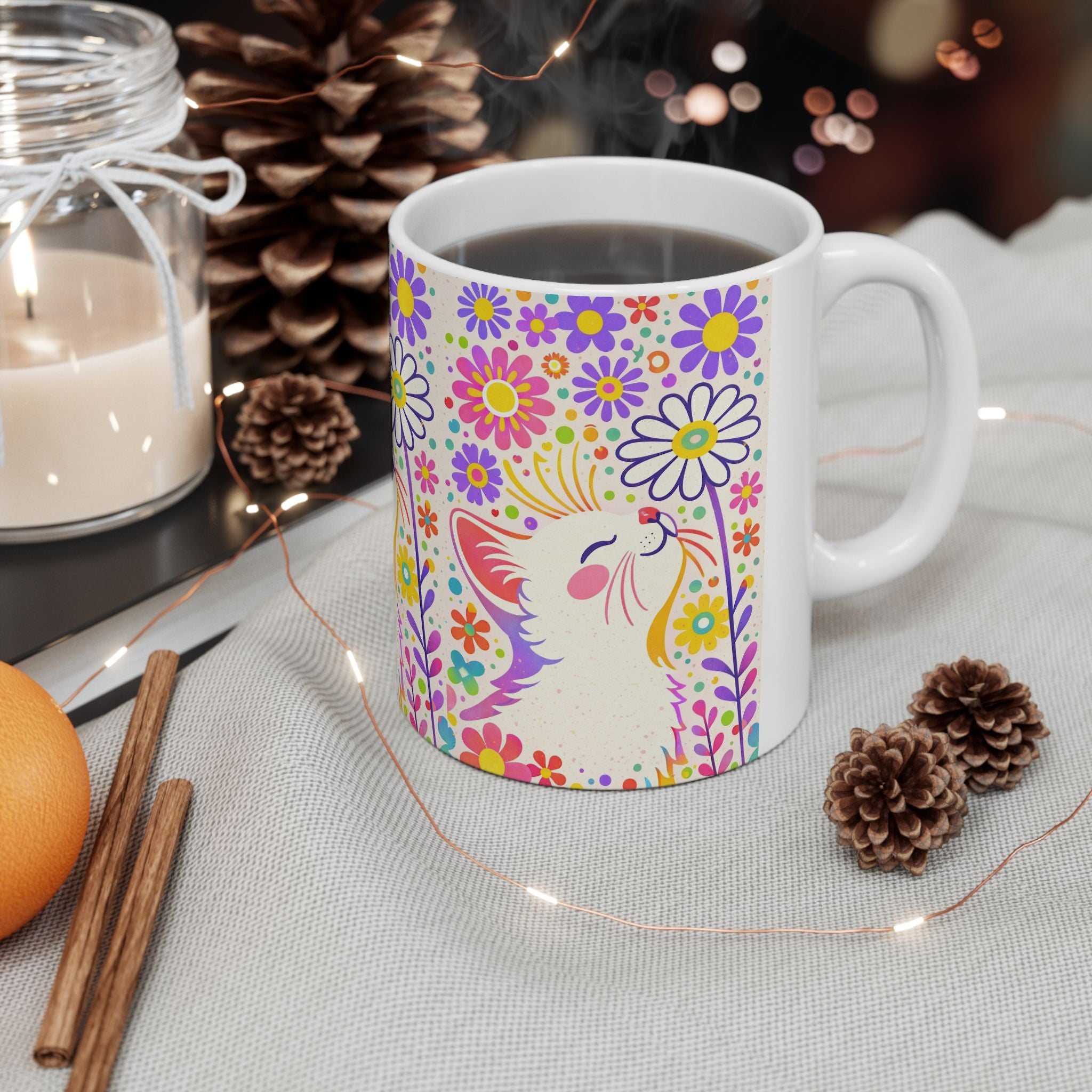 Floral Cat Ceramic Mug — Colorful Kitty & Flowers 11oz/15oz