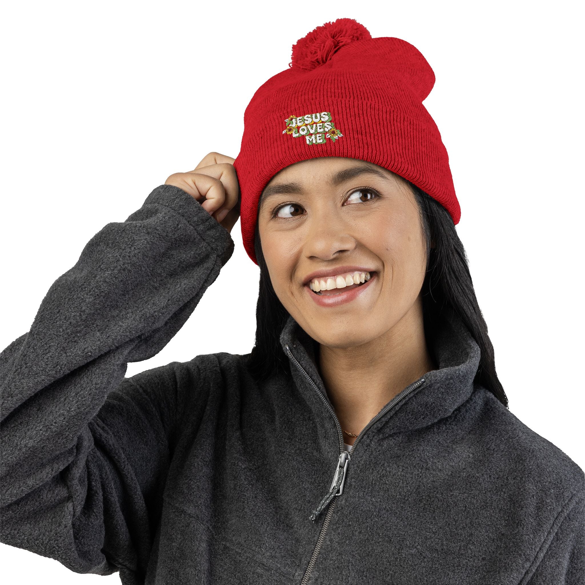Embroidered Pom-Pom Beanie — "Jesus Loves Me" Floral Knit Cap