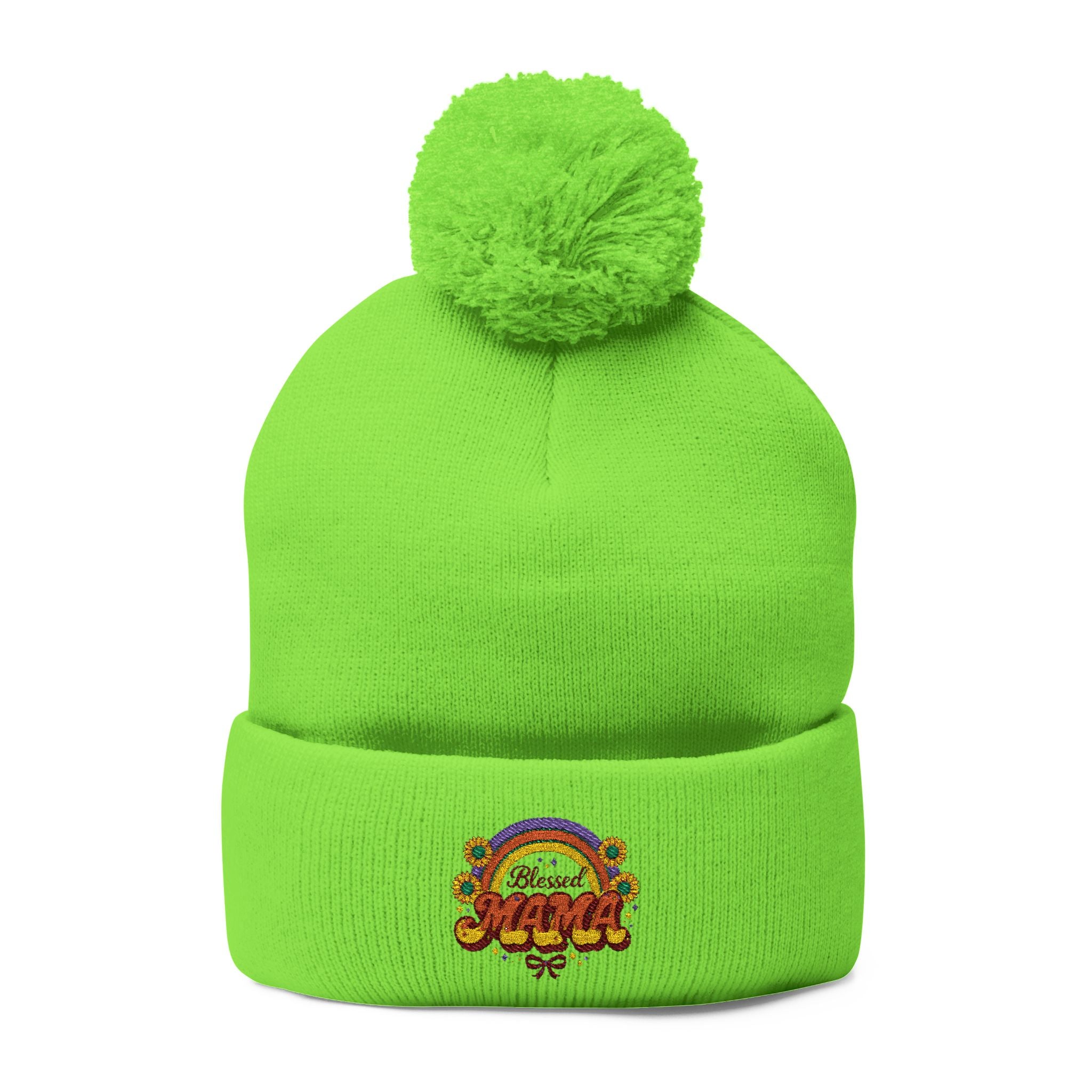 Embroidered Rainbow 'Mama' Pom-Pom Knit Cap — Cozy Winter Beanie
