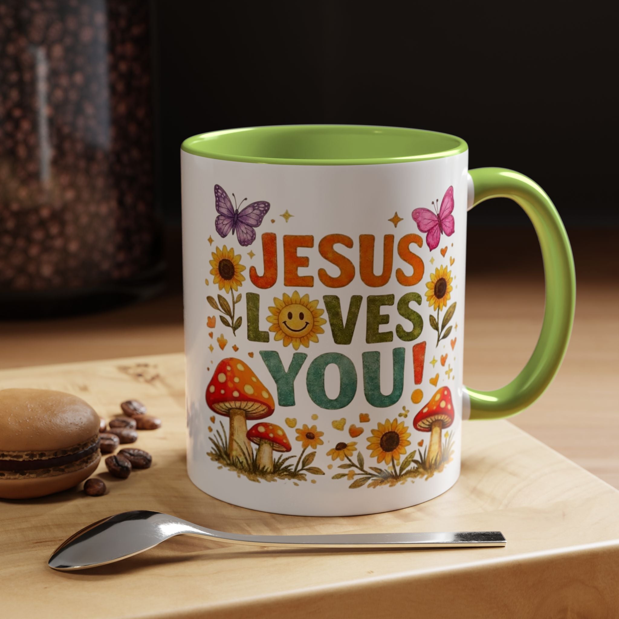 Jesus Loves You Coffee Mug — Floral Sunflower & Mushroom Accent Mug