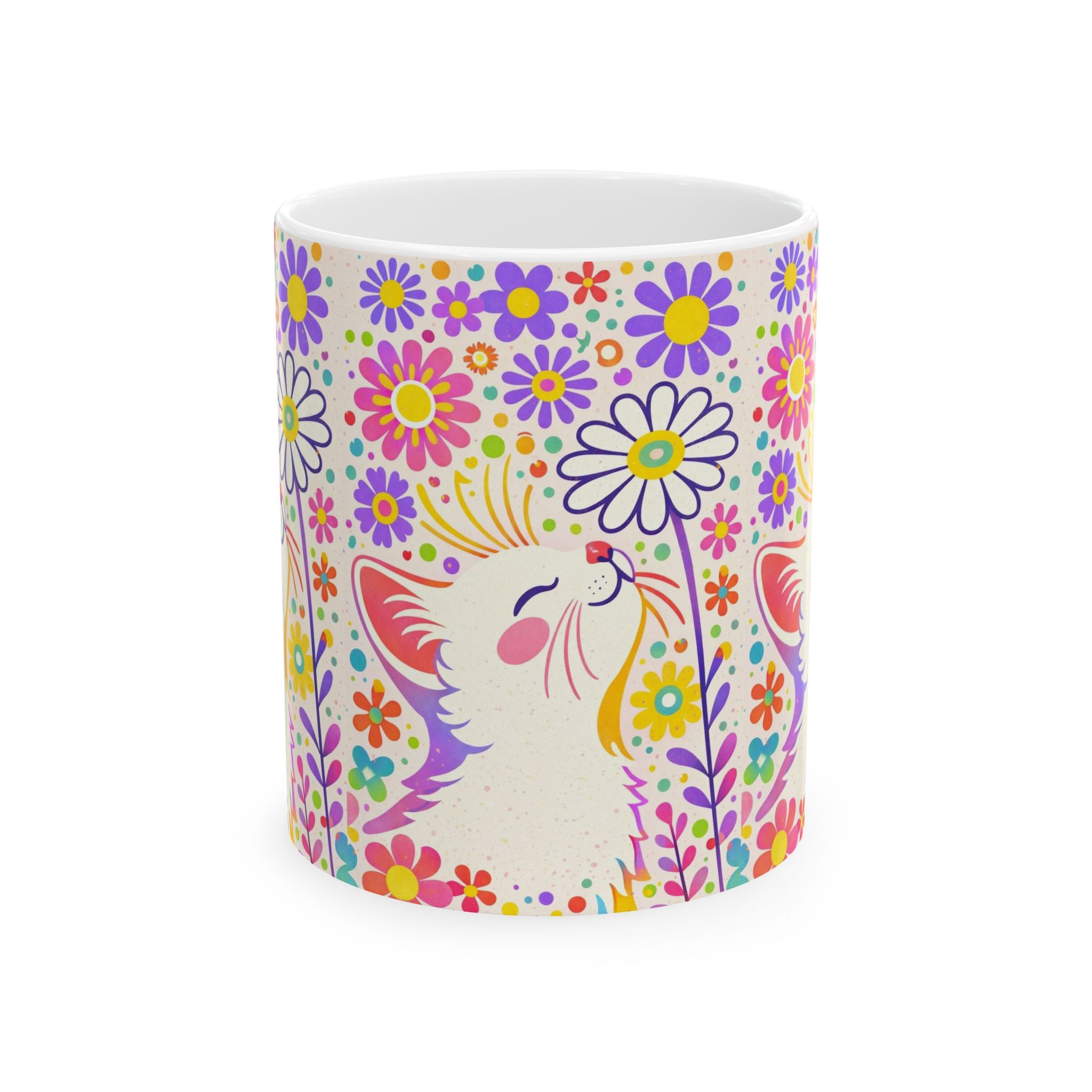 Floral Cat Ceramic Mug — Colorful Kitty & Flowers 11oz/15oz