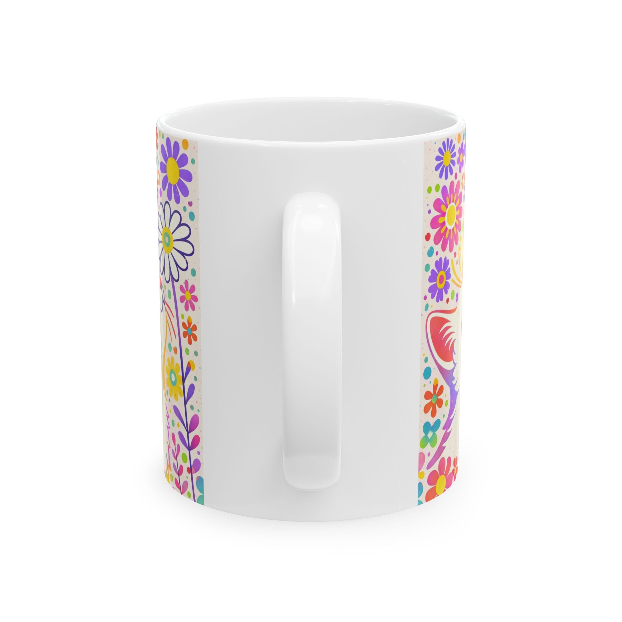 Floral Cat Ceramic Mug — Colorful Kitty & Flowers 11oz/15oz