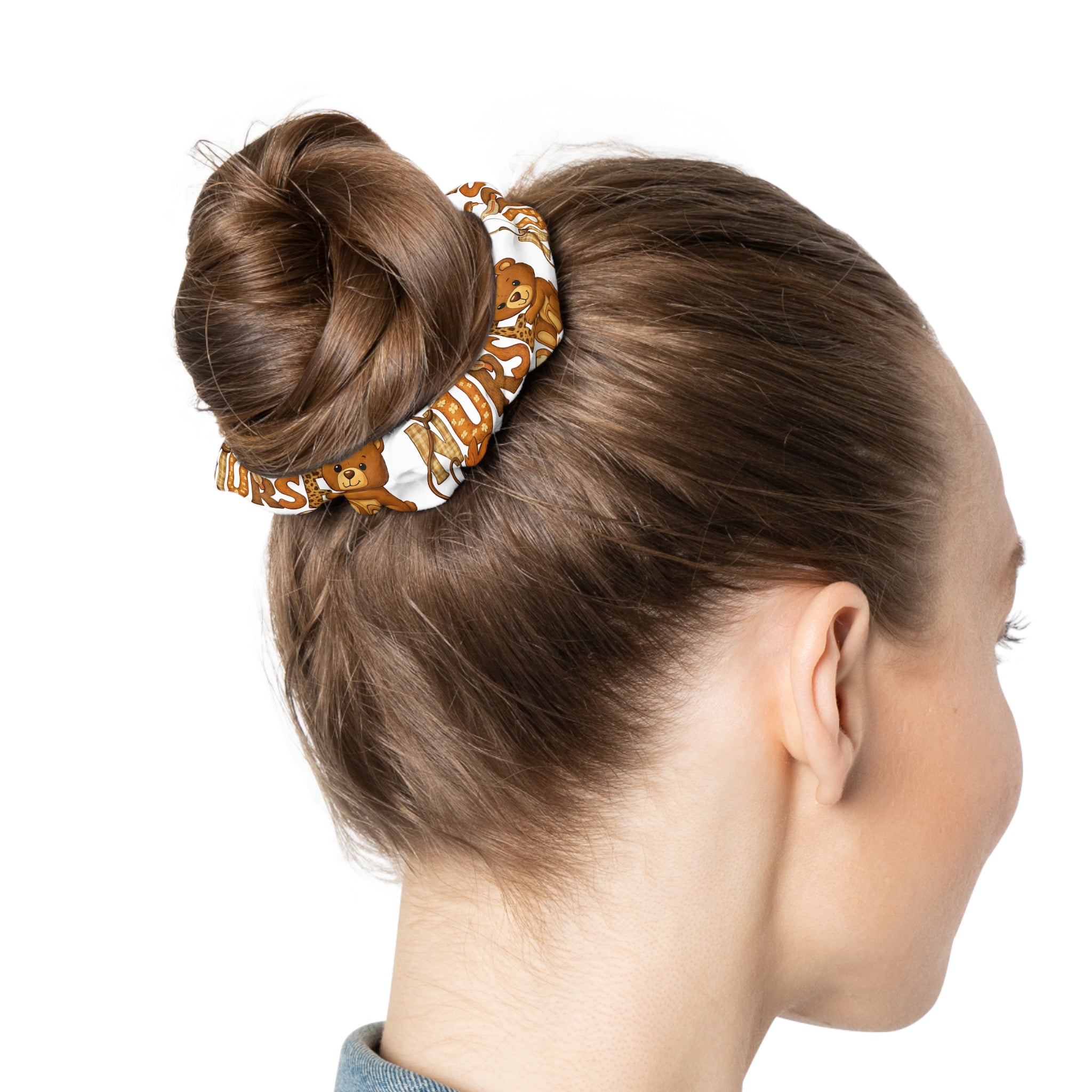 Cute Brown Bear Pattern Scrunchie – Cozy Woodland Hair Accessory