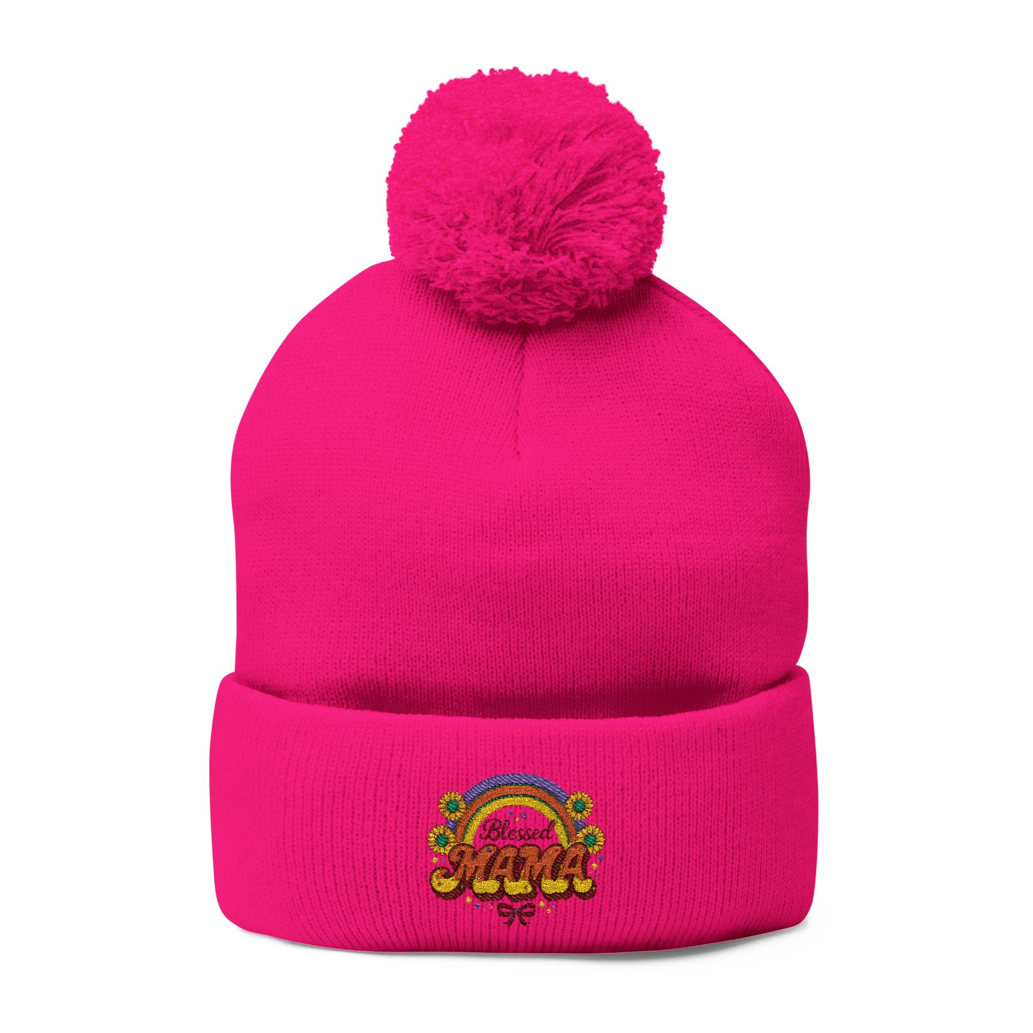 Embroidered Rainbow 'Mama' Pom-Pom Knit Cap — Cozy Winter Beanie