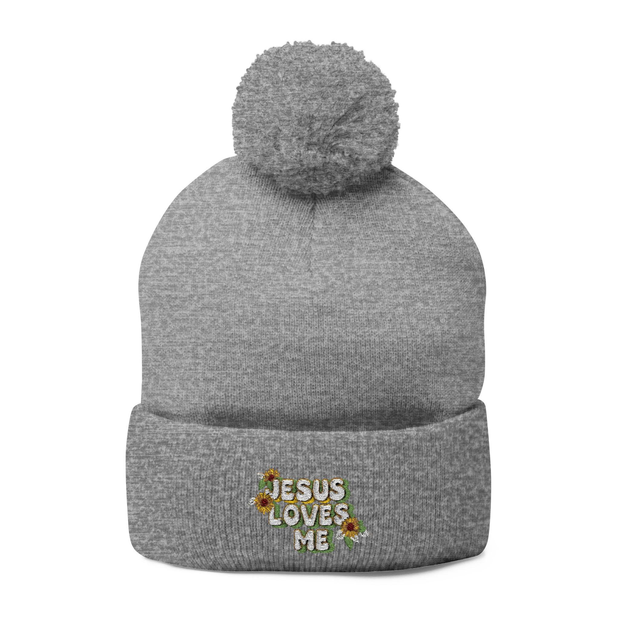 Embroidered Pom-Pom Beanie — "Jesus Loves Me" Floral Knit Cap
