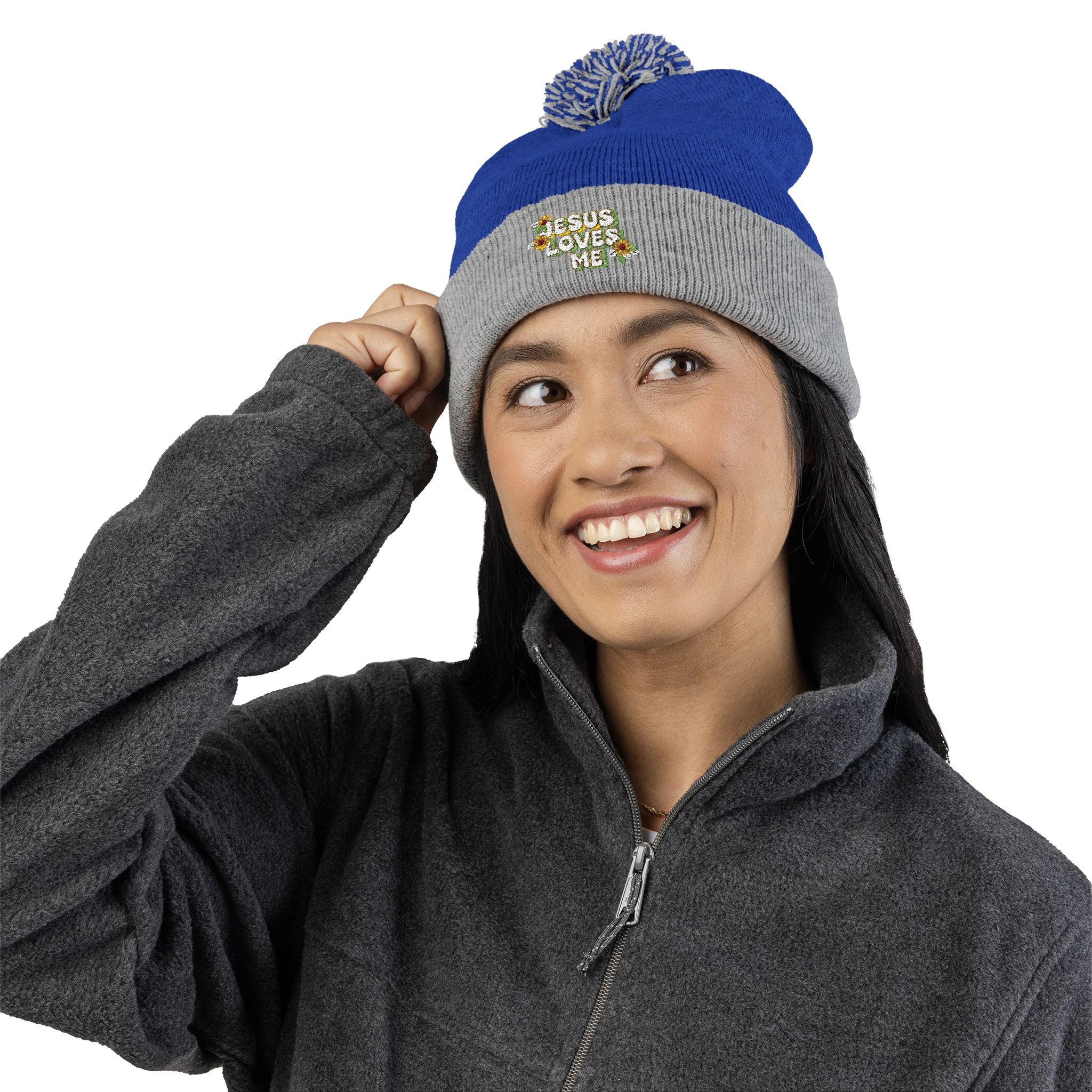 Embroidered Pom-Pom Beanie — "Jesus Loves Me" Floral Knit Cap
