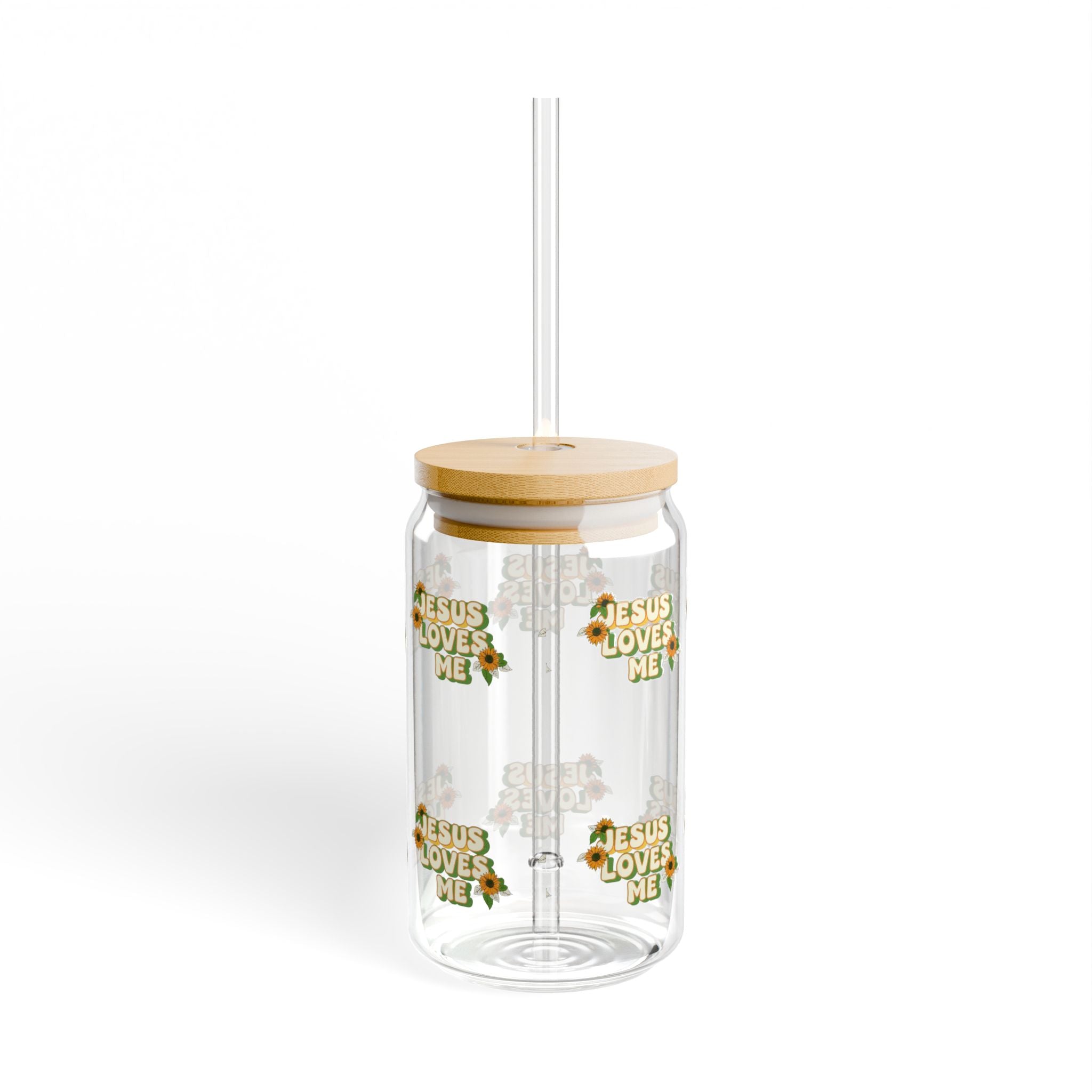 Jesus Loves Me Floral Glass Can Tumbler – 16oz Straw & Bamboo Lid
