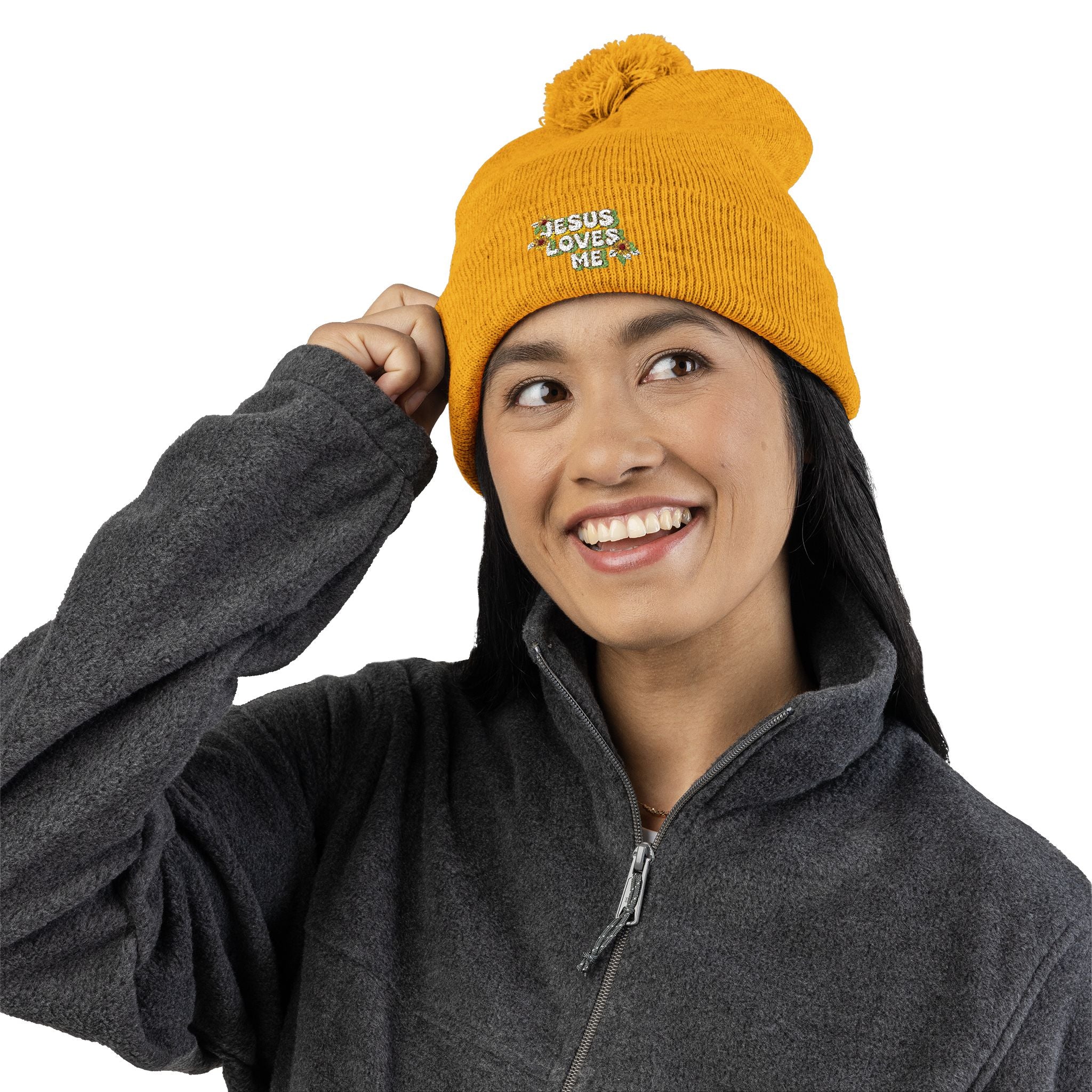 Embroidered Pom-Pom Beanie — "Jesus Loves Me" Floral Knit Cap