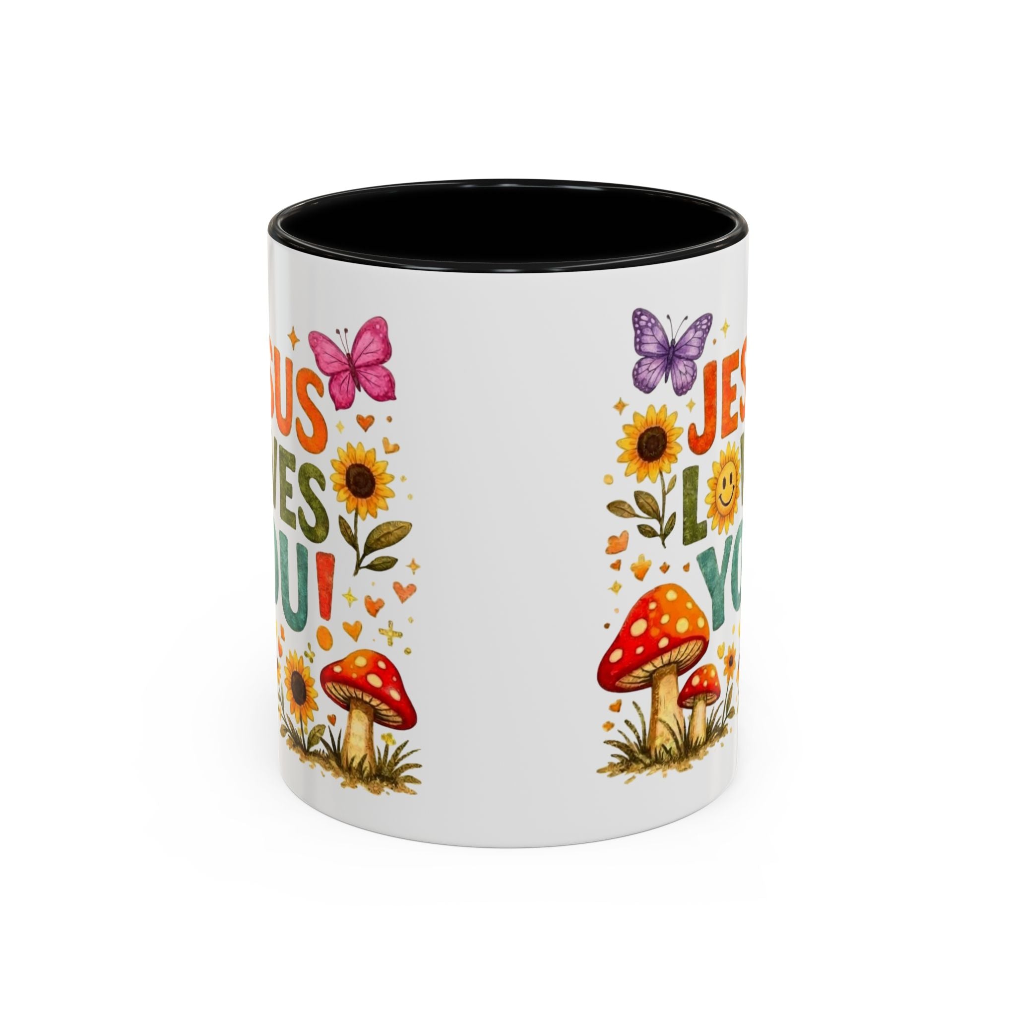 Jesus Loves You Coffee Mug — Floral Sunflower & Mushroom Accent Mug