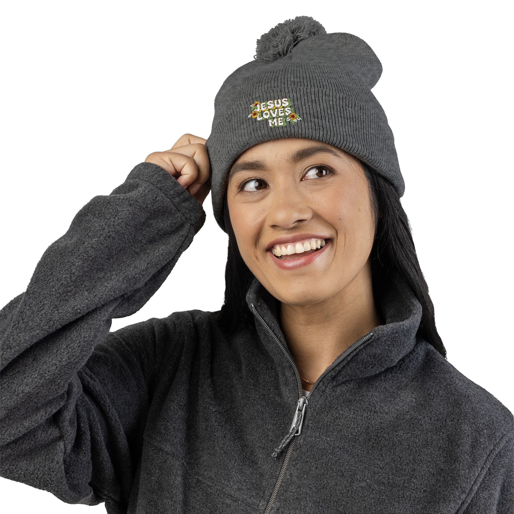 Embroidered Pom-Pom Beanie — "Jesus Loves Me" Floral Knit Cap