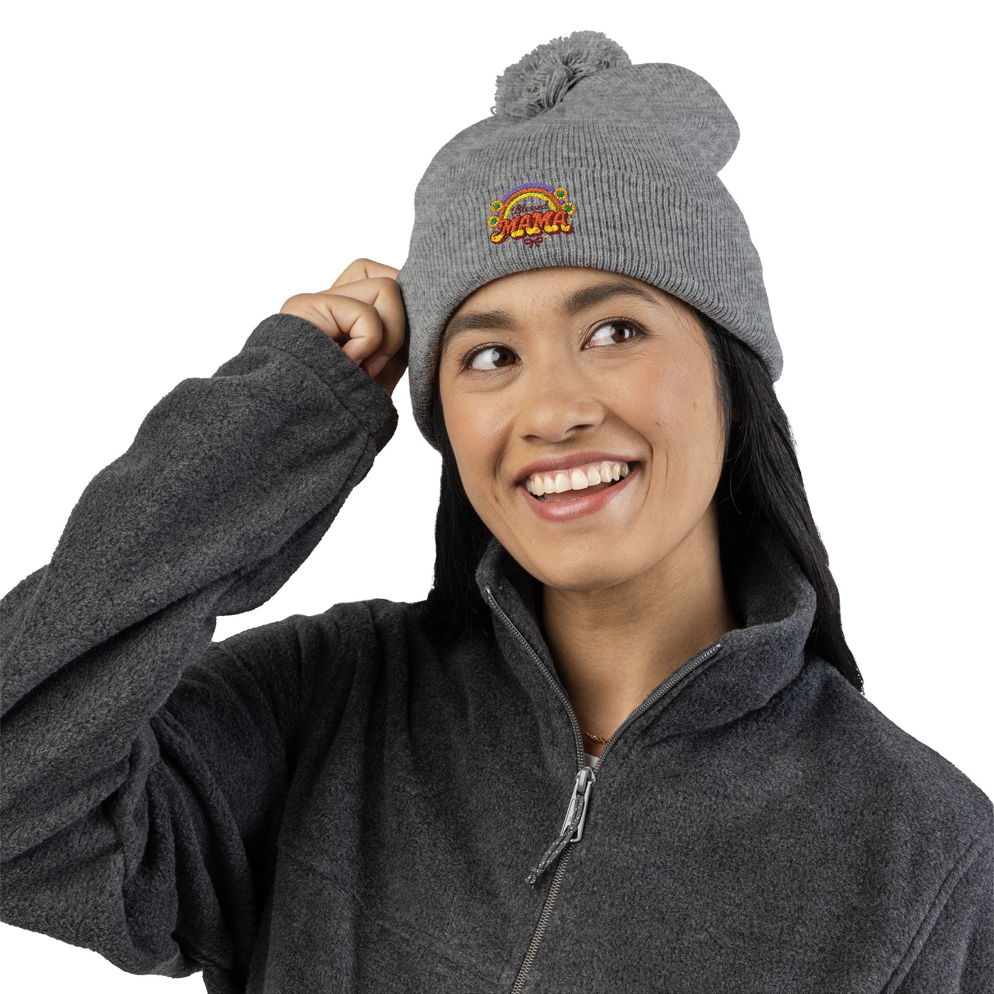 Embroidered Rainbow 'Mama' Pom-Pom Knit Cap — Cozy Winter Beanie