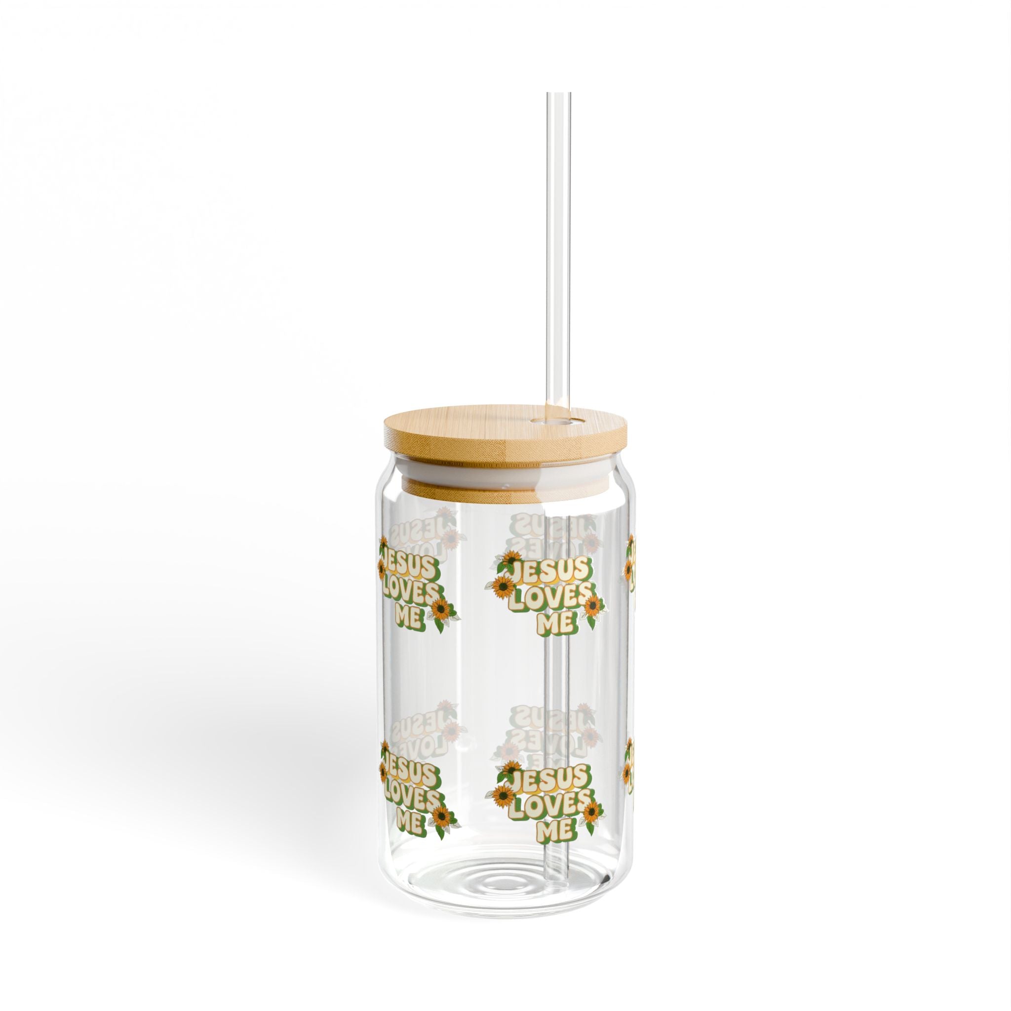 Jesus Loves Me Floral Glass Can Tumbler – 16oz Straw & Bamboo Lid