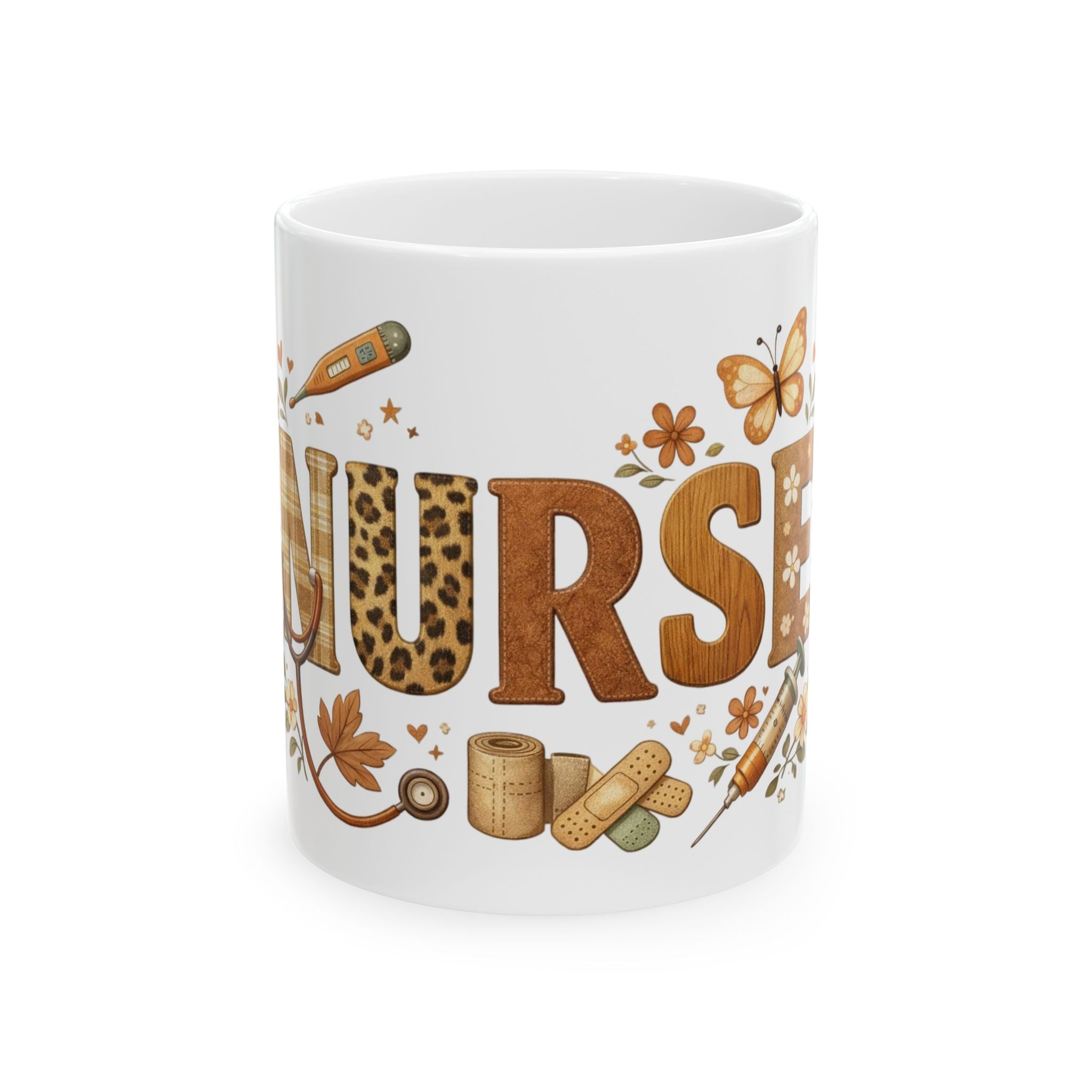 Nurse Ceramic Mug — Rustic Brown Medical Icons & Leopard Print Coffee Cup (11oz/15oz)
