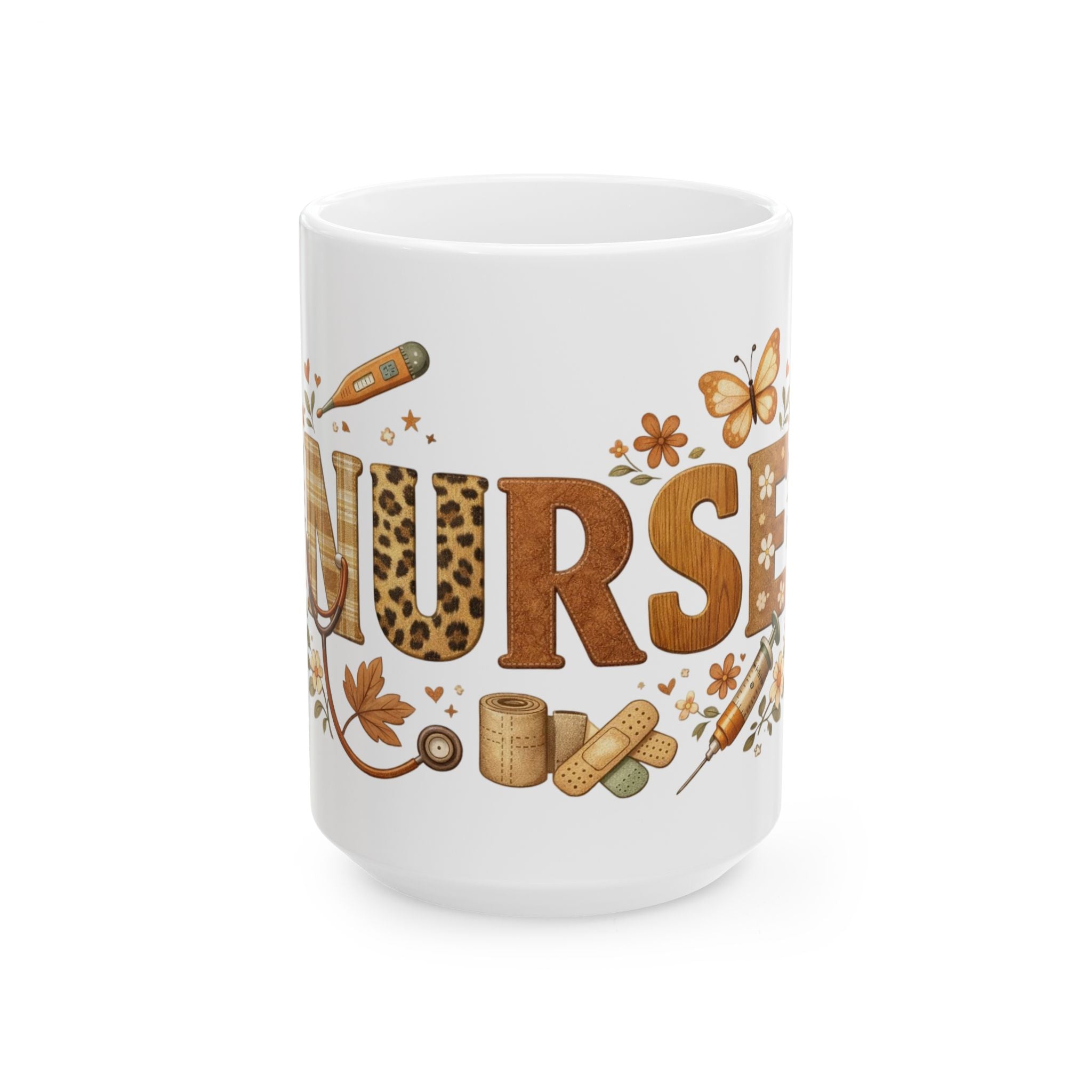 Nurse Ceramic Mug — Rustic Brown Medical Icons & Leopard Print Coffee Cup (11oz/15oz)