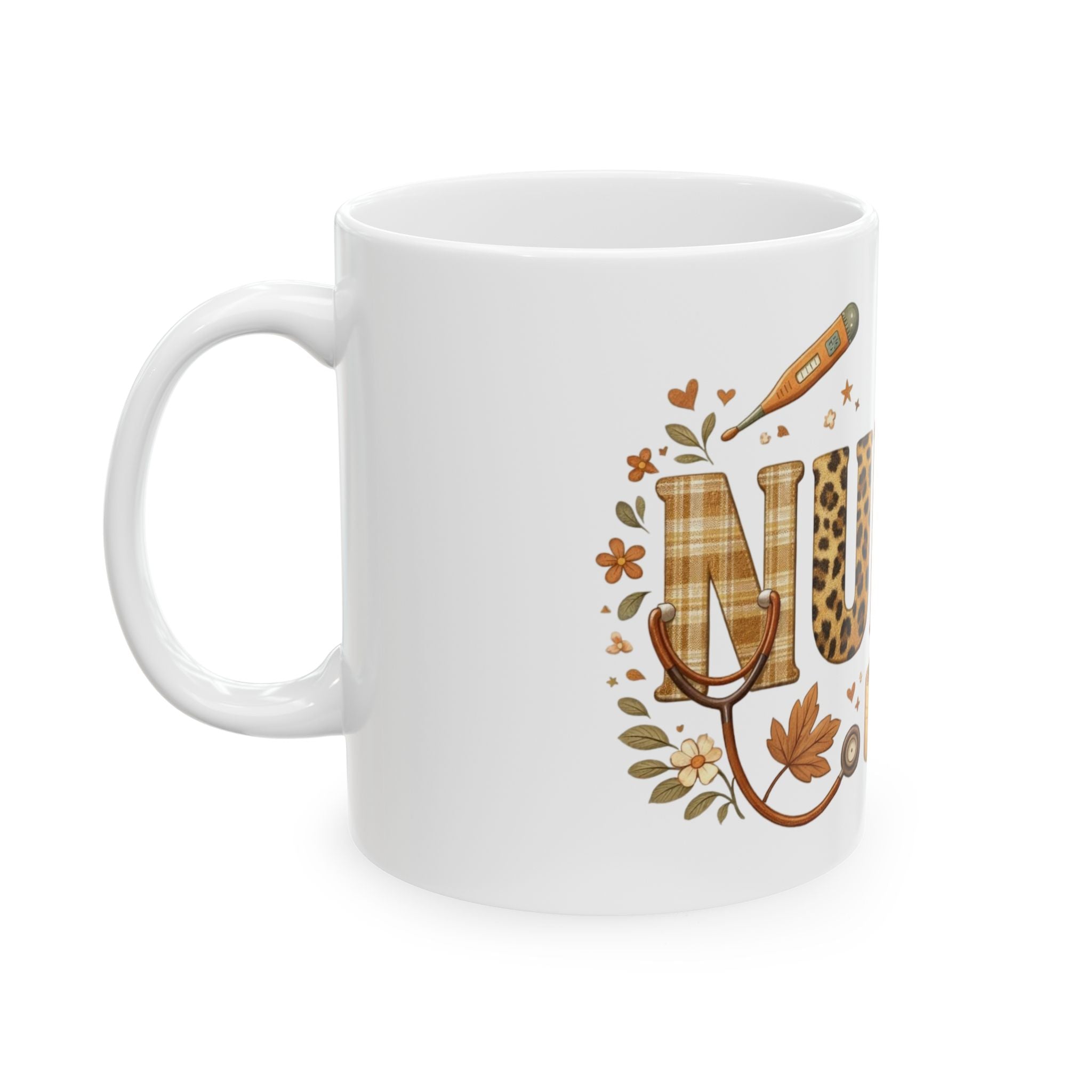 Nurse Ceramic Mug — Rustic Brown Medical Icons & Leopard Print Coffee Cup (11oz/15oz)