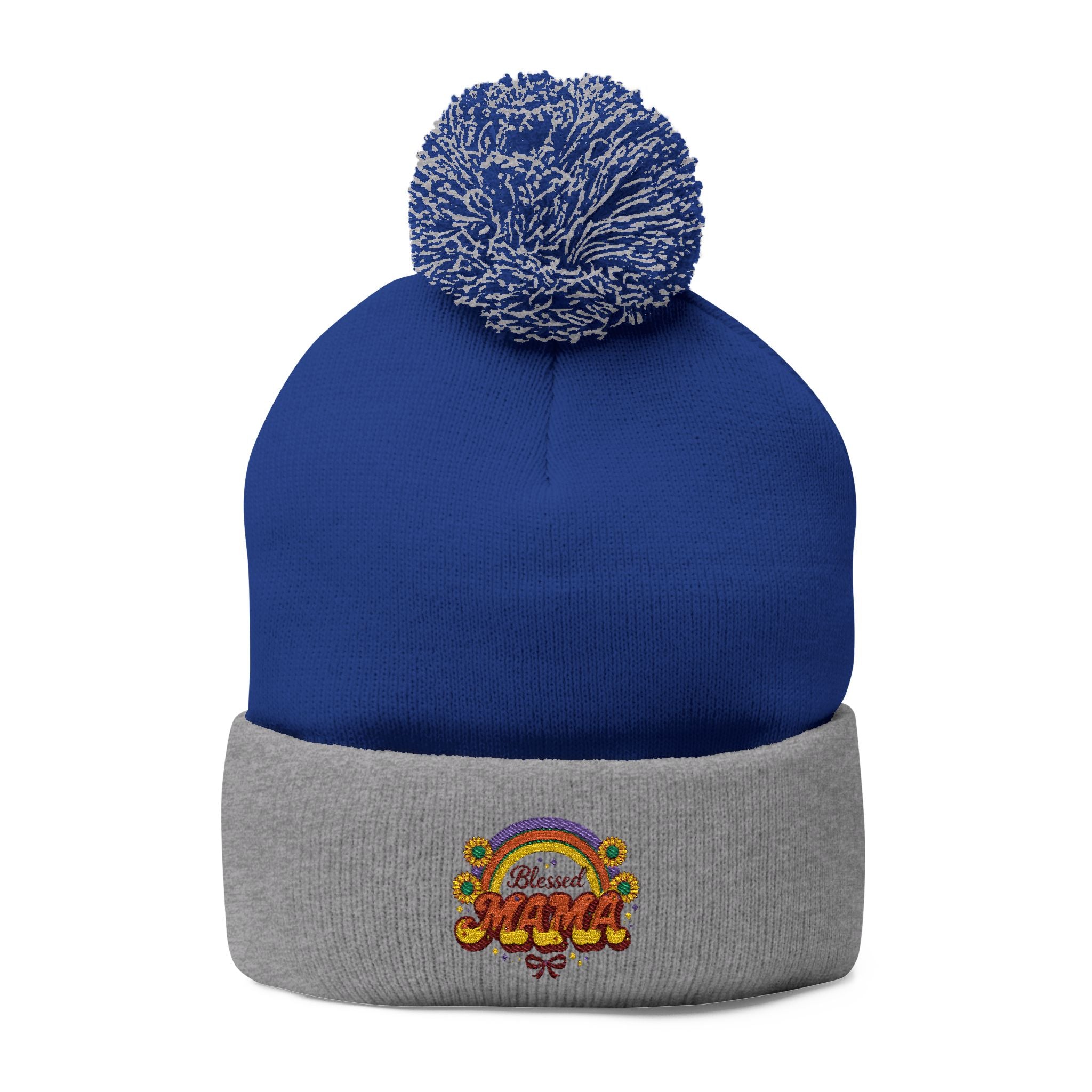 Embroidered Rainbow 'Mama' Pom-Pom Knit Cap — Cozy Winter Beanie
