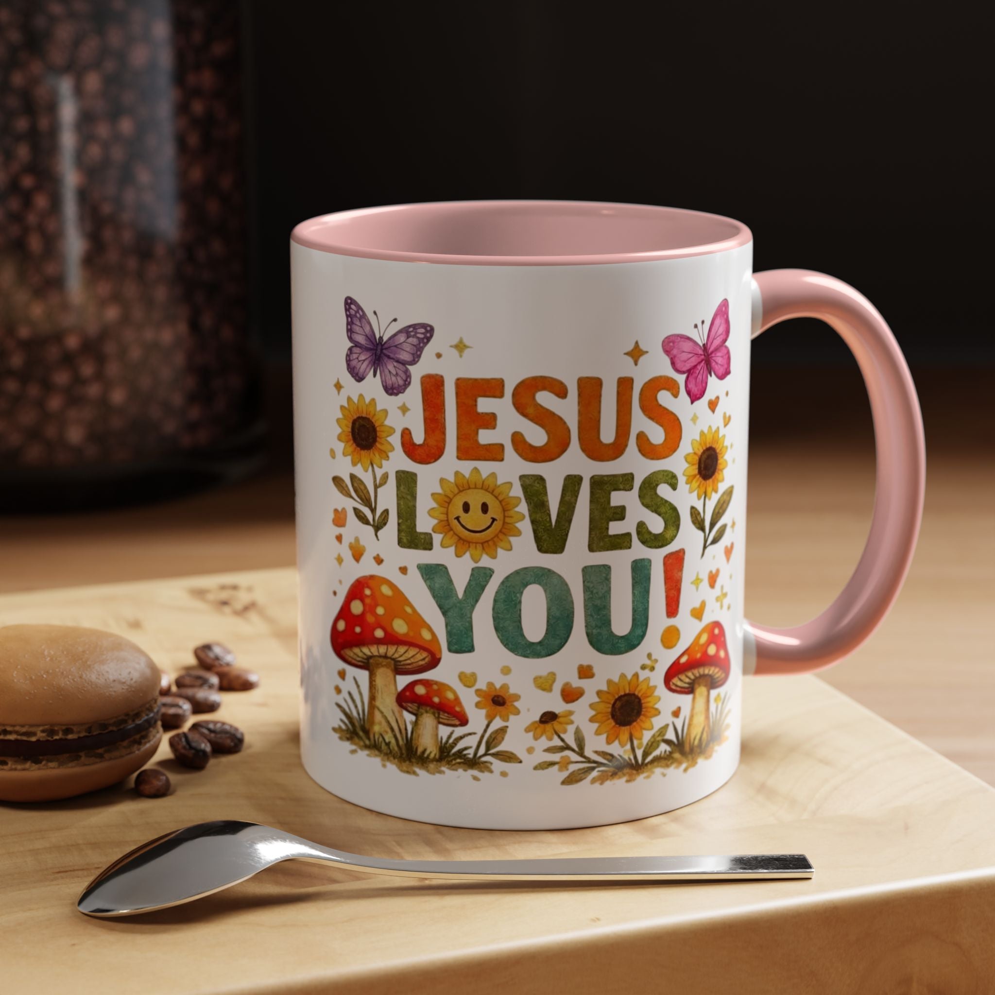Jesus Loves You Coffee Mug — Floral Sunflower & Mushroom Accent Mug