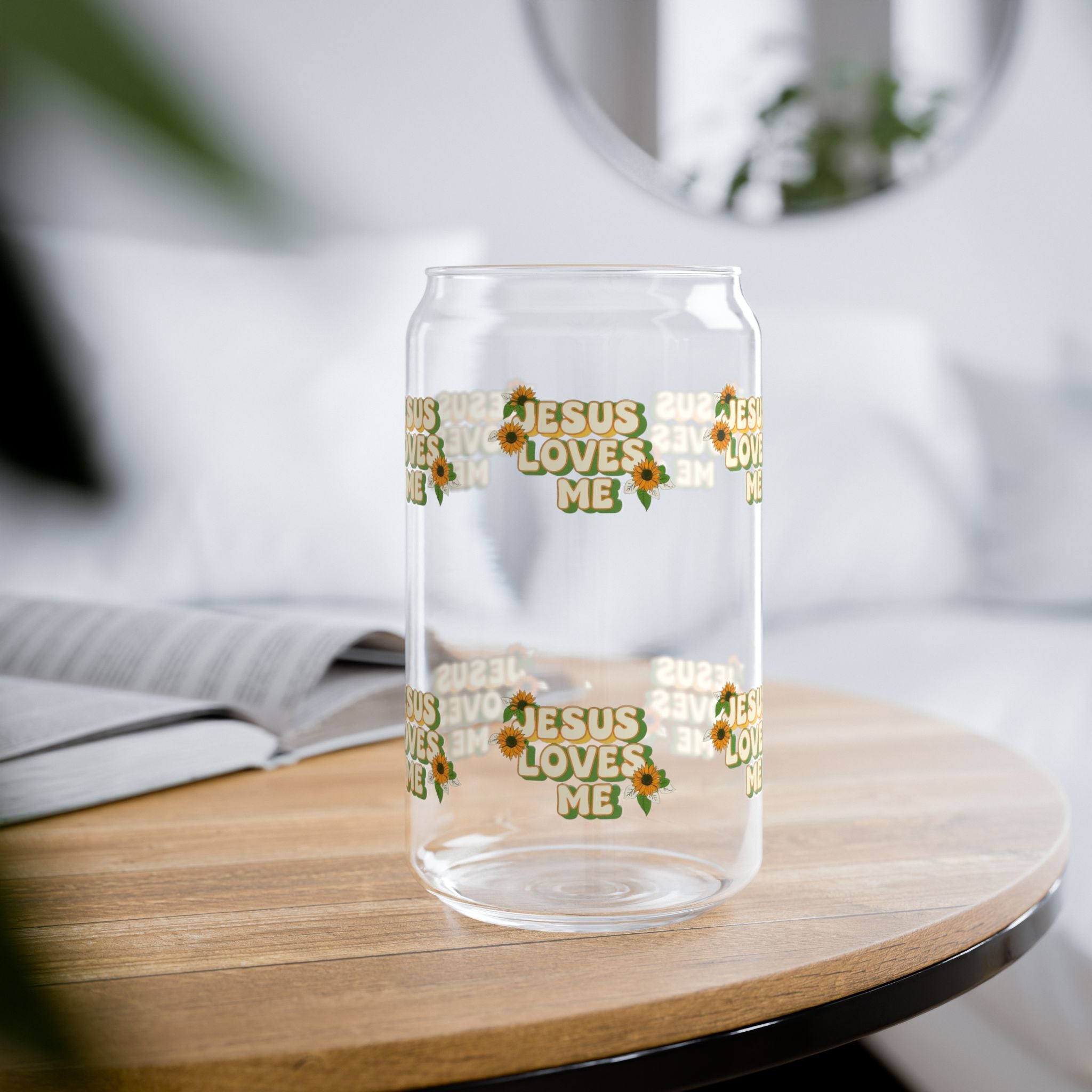 Jesus Loves Me Floral Glass Can Tumbler – 16oz Straw & Bamboo Lid