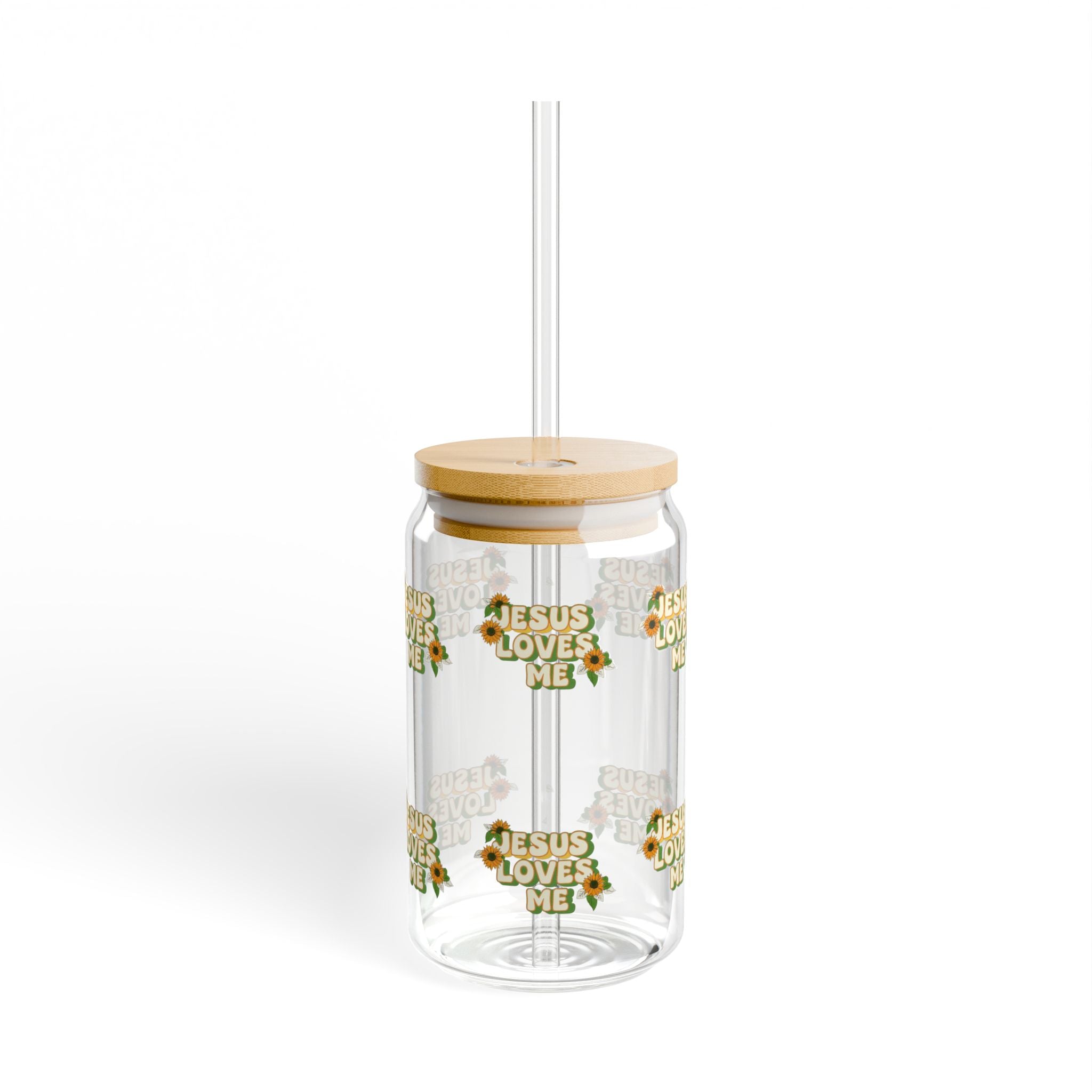 Jesus Loves Me Floral Glass Can Tumbler – 16oz Straw & Bamboo Lid