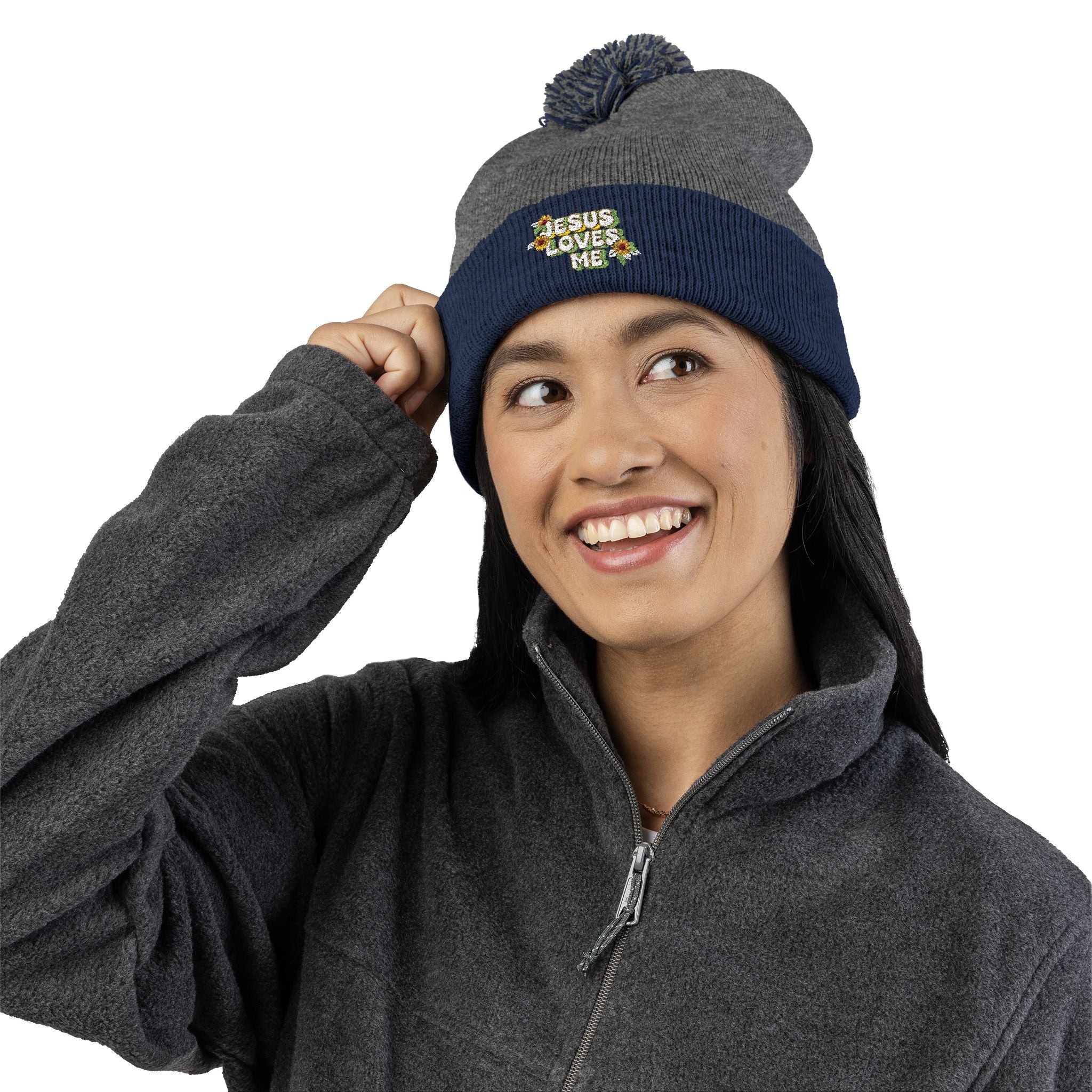Embroidered Pom-Pom Beanie — "Jesus Loves Me" Floral Knit Cap