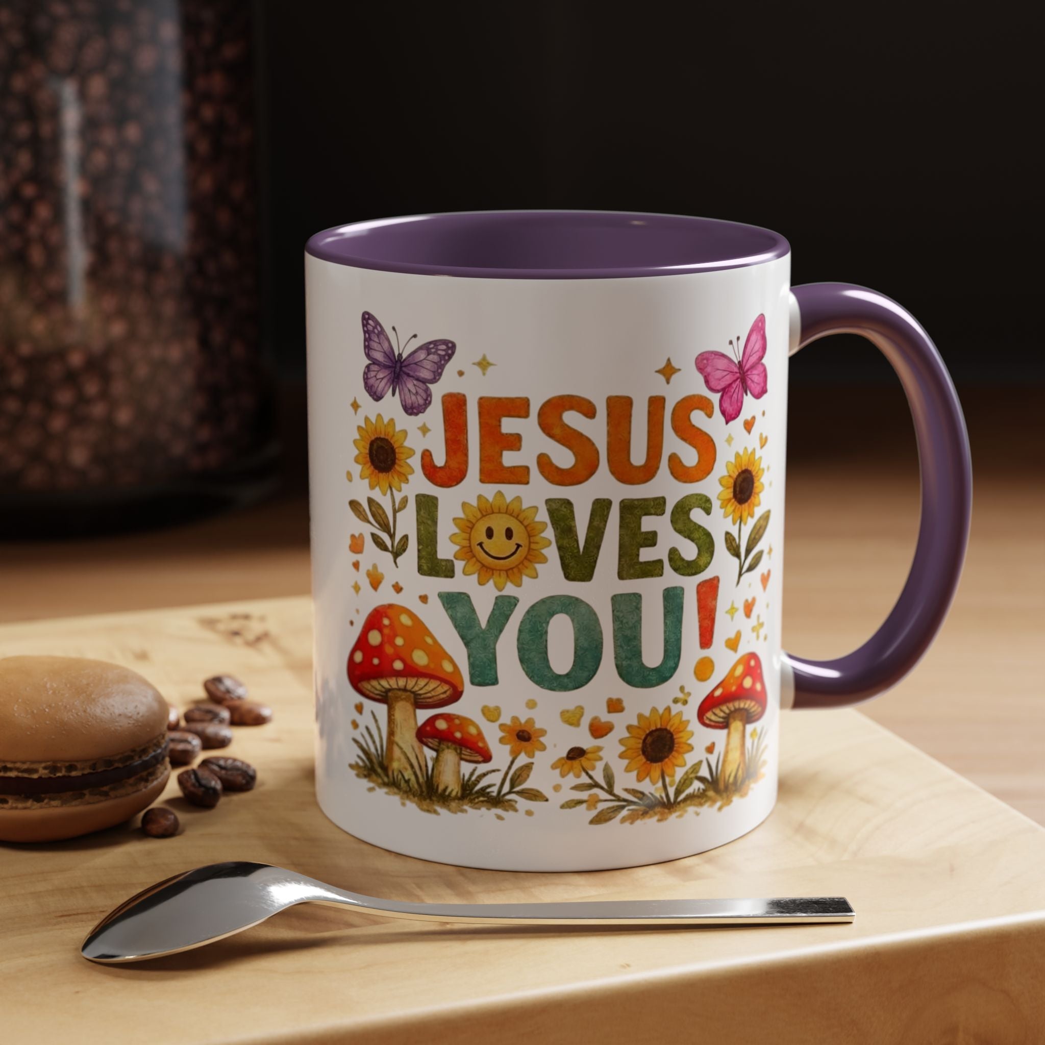 Jesus Loves You Coffee Mug — Floral Sunflower & Mushroom Accent Mug