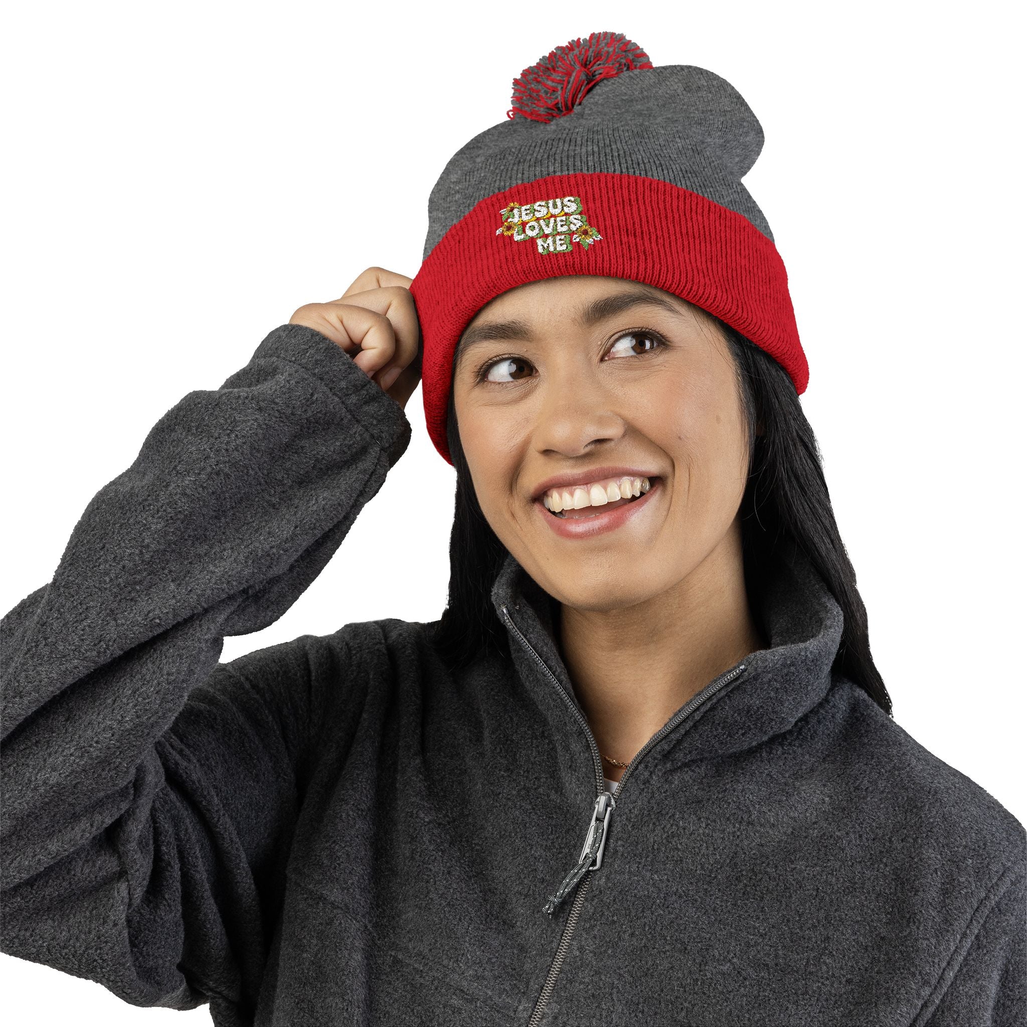 Embroidered Pom-Pom Beanie — "Jesus Loves Me" Floral Knit Cap