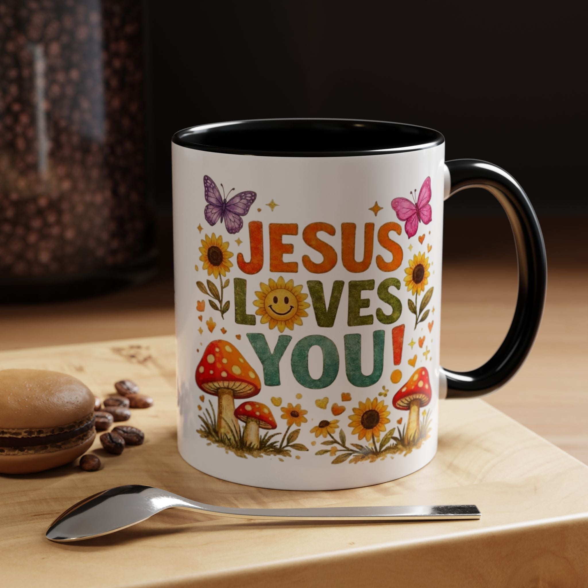 Jesus Loves You Coffee Mug — Floral Sunflower & Mushroom Accent Mug