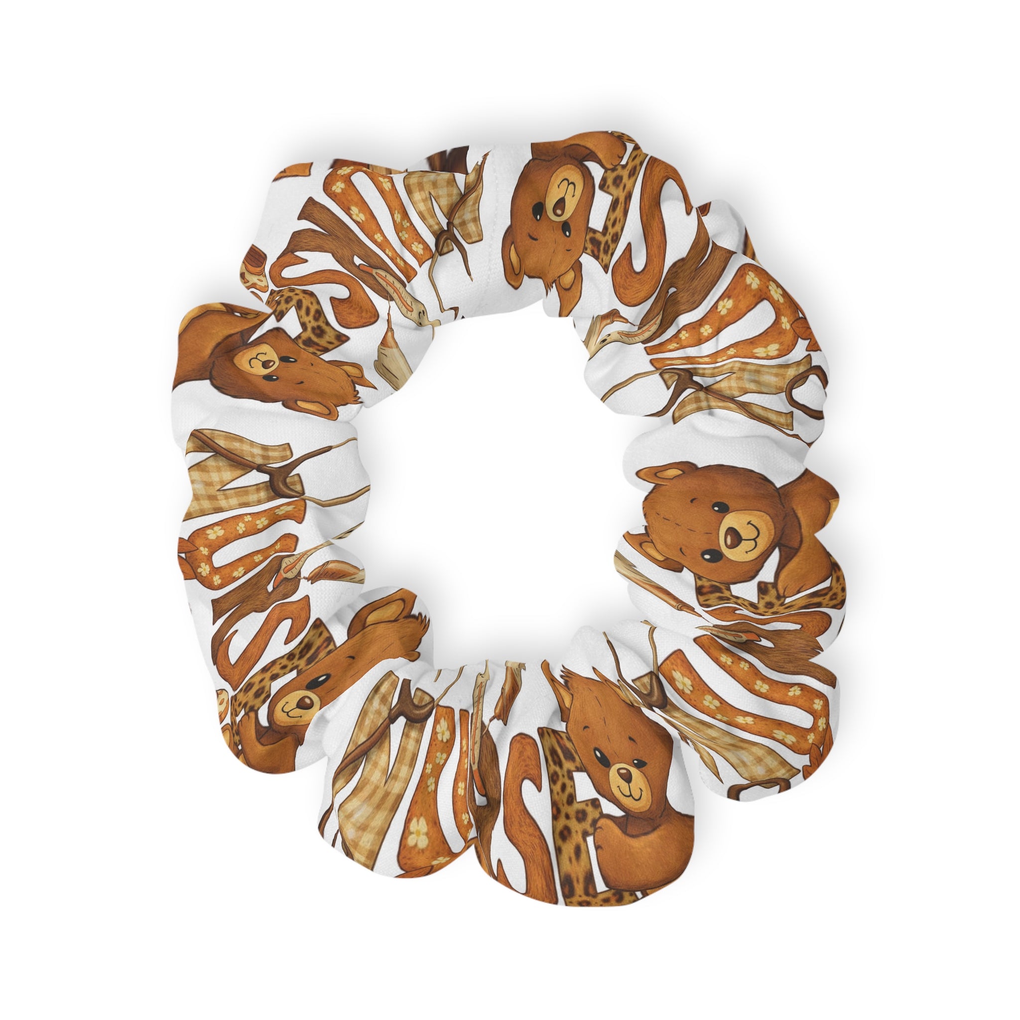 Cute Brown Bear Pattern Scrunchie – Cozy Woodland Hair Accessory