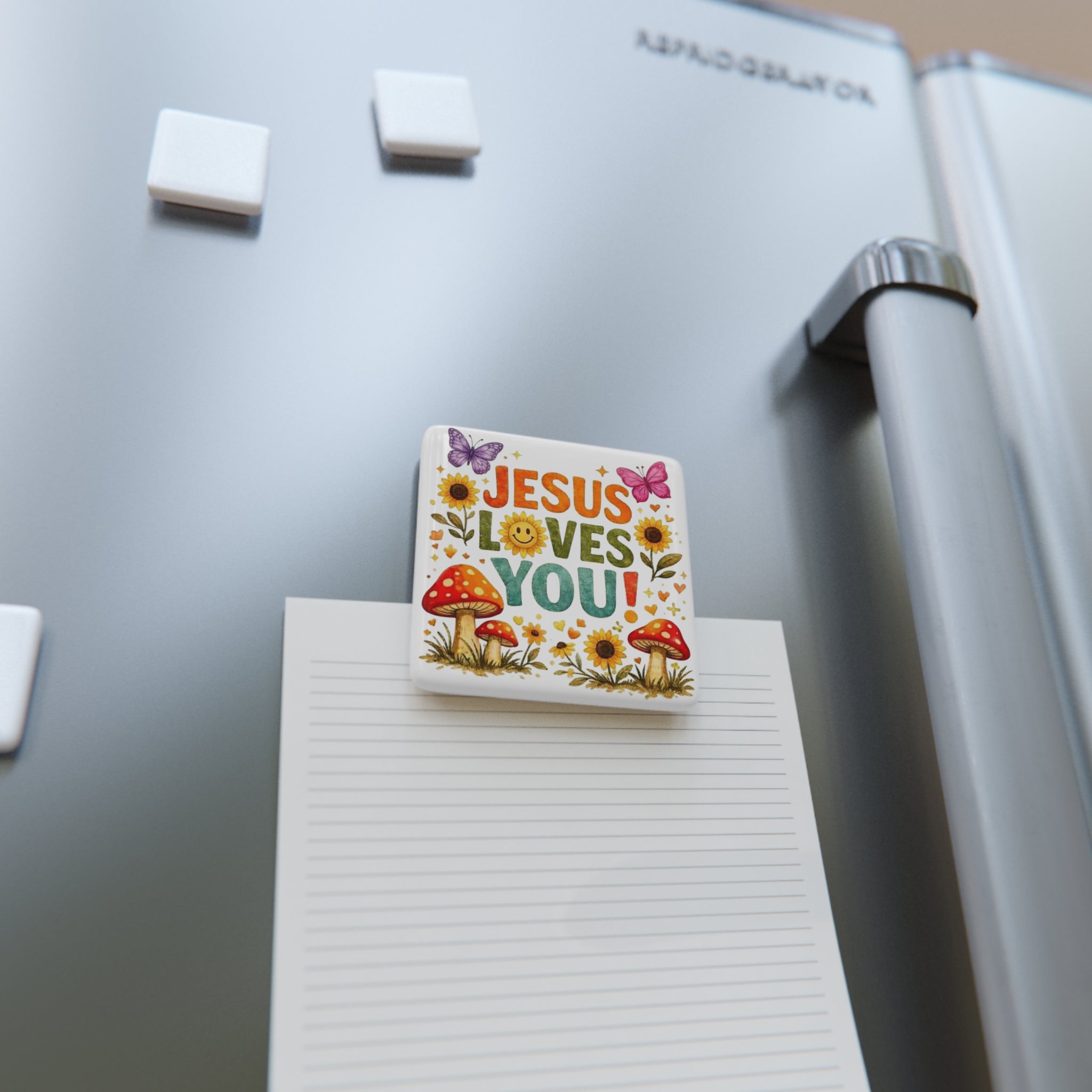 Jesus Loves You Porcelain Square Magnet — Floral Mushroom Butterfly Faith Gift