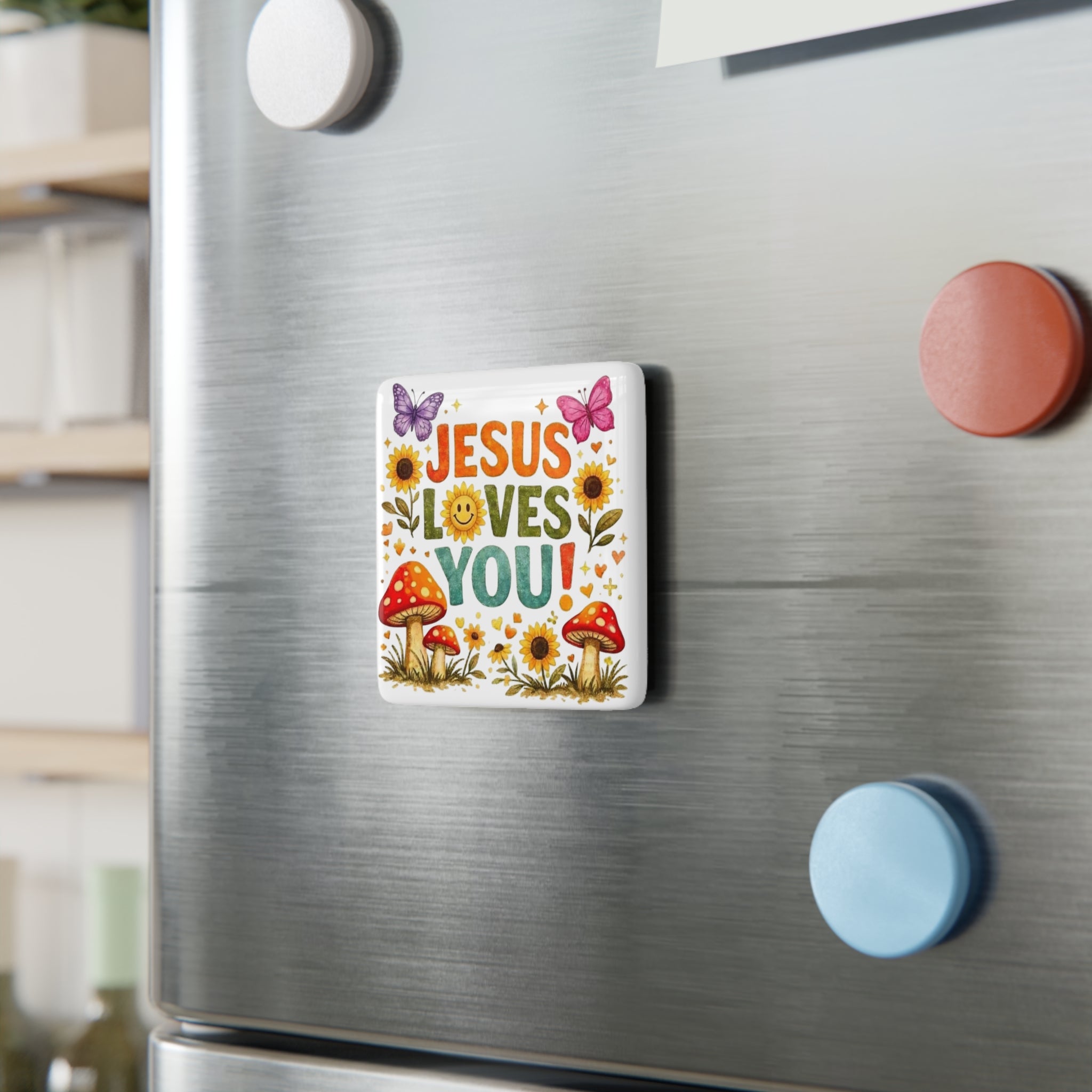 Jesus Loves You Porcelain Square Magnet — Floral Mushroom Butterfly Faith Gift