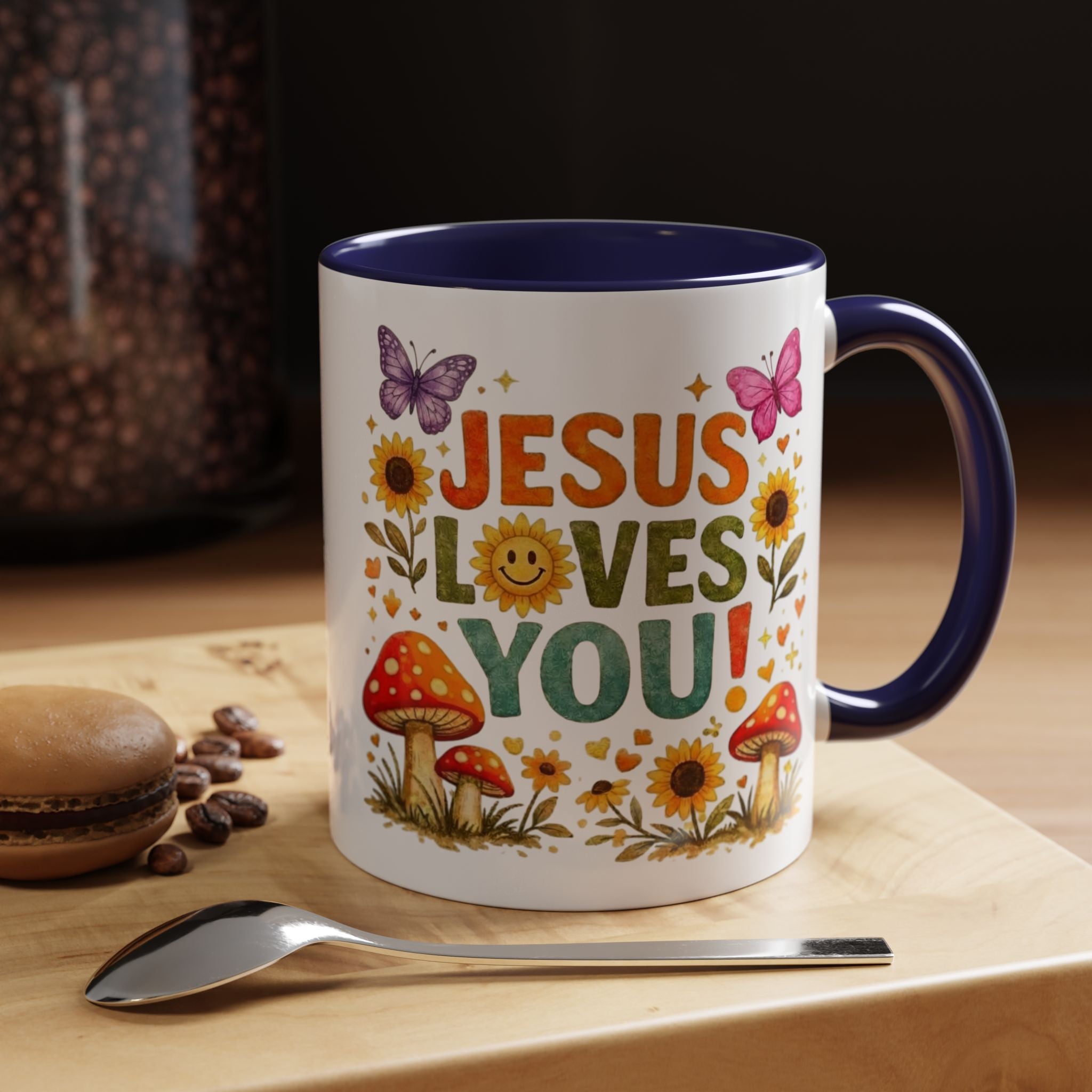 Jesus Loves You Coffee Mug — Floral Sunflower & Mushroom Accent Mug